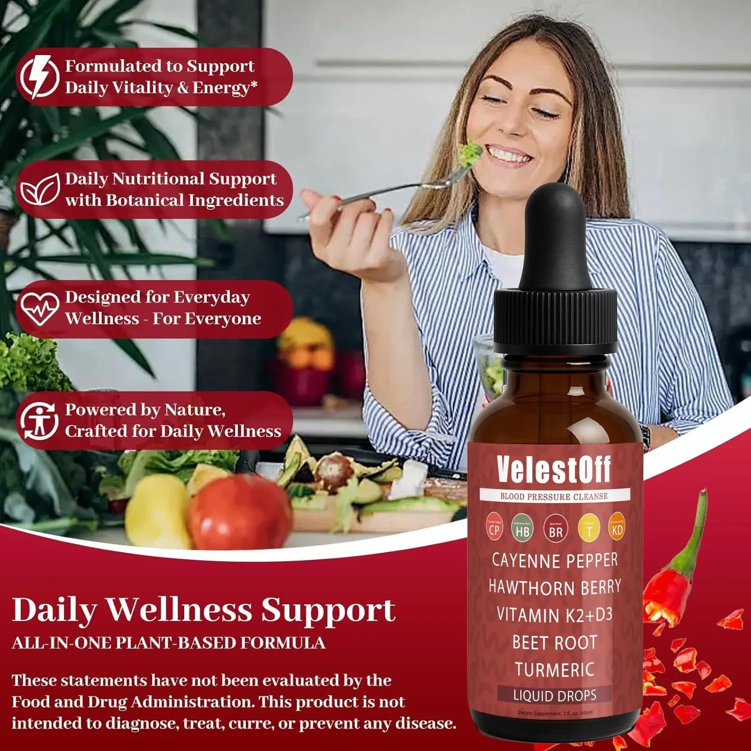 Velestoff Cayenne Pepper | Cayenne Heart & Circulation Blend – Botanical Extracts with Hawthorn, Beet Root, Turmeric, Vitamin K2 & D3 – Daily Wellness Drops (2 fl oz) (2) DFTLUUEnz supplements