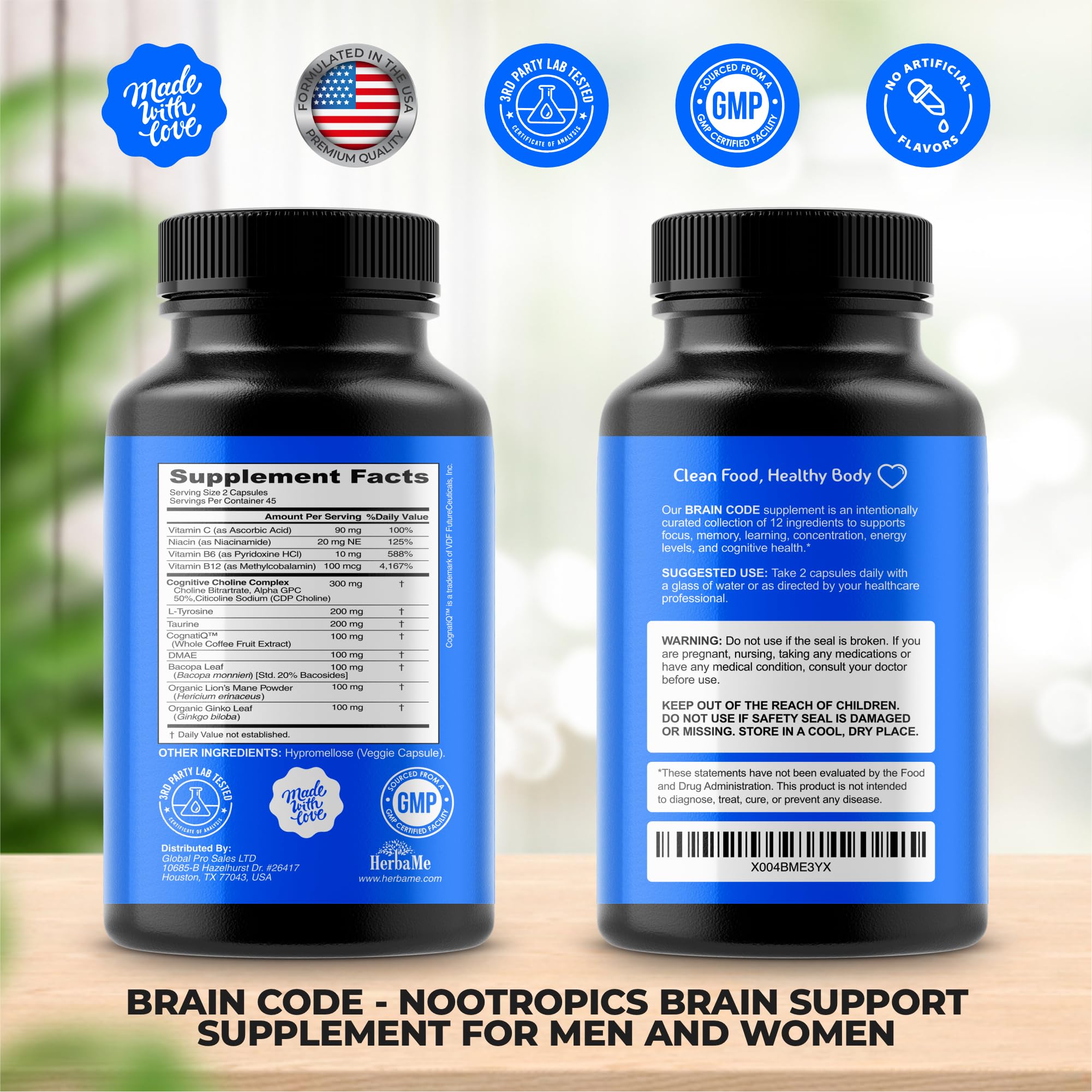 HerbaMe Brain Code Nootropic Brain Supplement for Memory and Focus | Supports Cognitive Health & Mental Clarity, Enhance Concentration | 90 Capsules HerbaMeAu supplements
