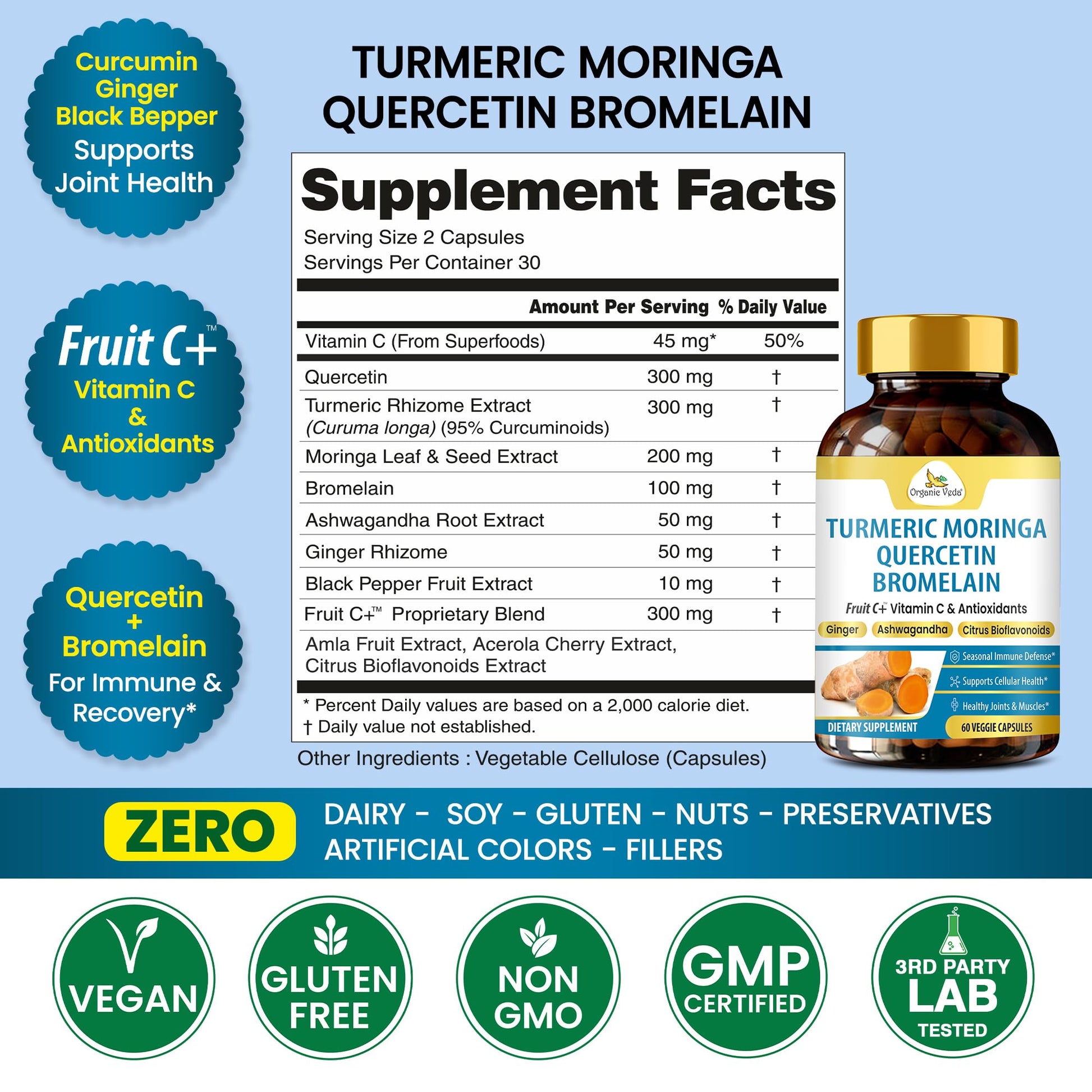 Organic Veda Turmeric Moringa Quercetin with Bromelain Capsules - Fruit C+ Vitamin C Antioxidants Immune System & Respiratory Supplement - Ashwagandha, Ginger, Citrus Bioflavonoids, 60 Vegan Capsule Organic VedaAu supplements