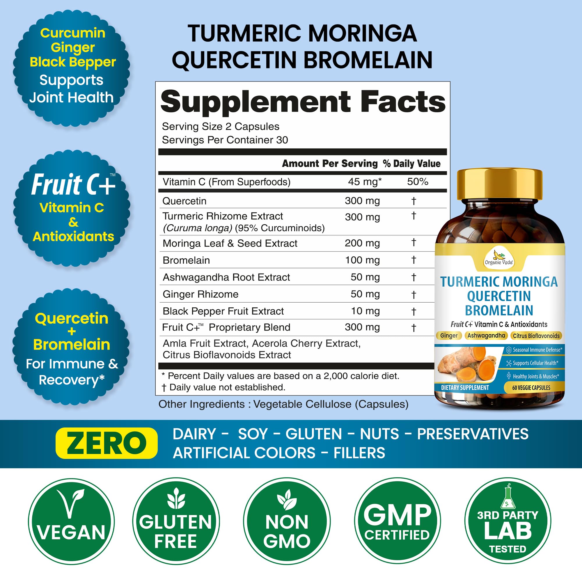 Organic Veda Turmeric Moringa Quercetin with Bromelain Capsules - Fruit C+ Vitamin C Antioxidants Immune System & Respiratory Supplement - Ashwagandha, Ginger, Citrus Bioflavonoids, 60 Vegan Capsule Organic VedaAu supplements