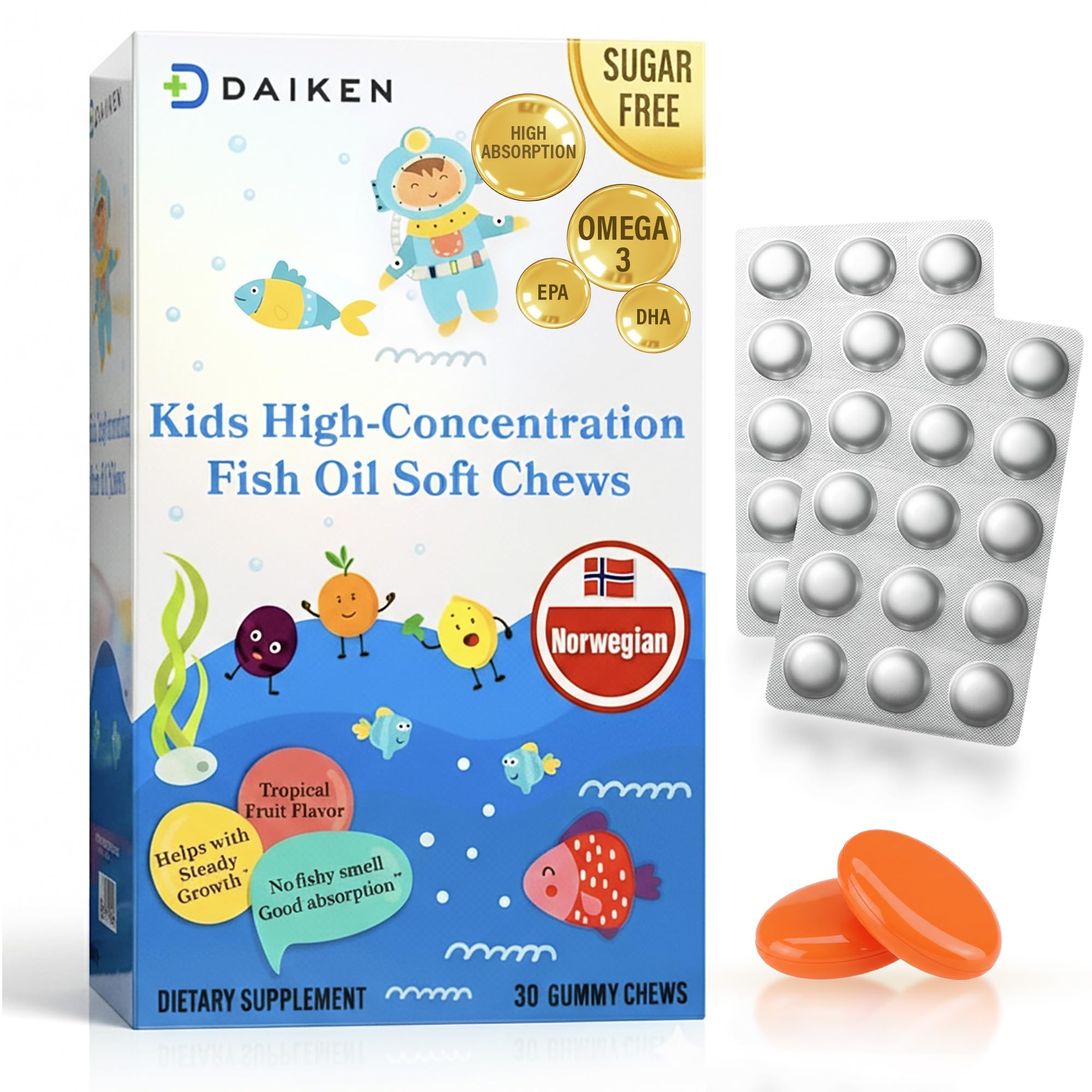 DAIKEN High Concentration Kids Fish Oil Omega-3 Gummies, No Sugar Added, Individually Wrapped, 300 mg Omega-3 (DHA & EPA) with Vitamin D3 for Kid, 30 Count, Tropical Fruit Flavor, Norwegian Sourced DAIKENAu supplements