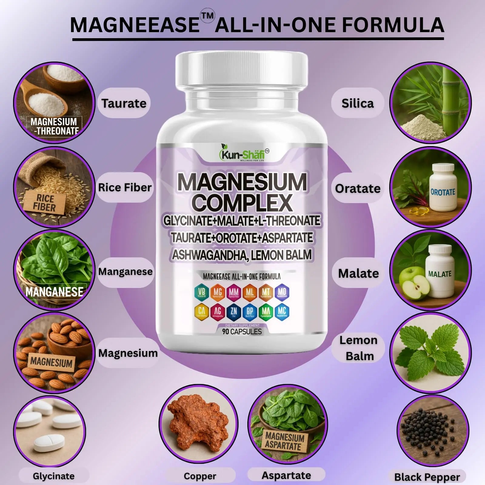 Kun Shafi Magnesium Complex with Magnesium Glycinate Malate, L-Threonate, Taurate, Orotate, Zinc,Aspartate, Copper Manganese & Vitamin D3 B6 Complex - 1Pack Kun Shafinz supplements