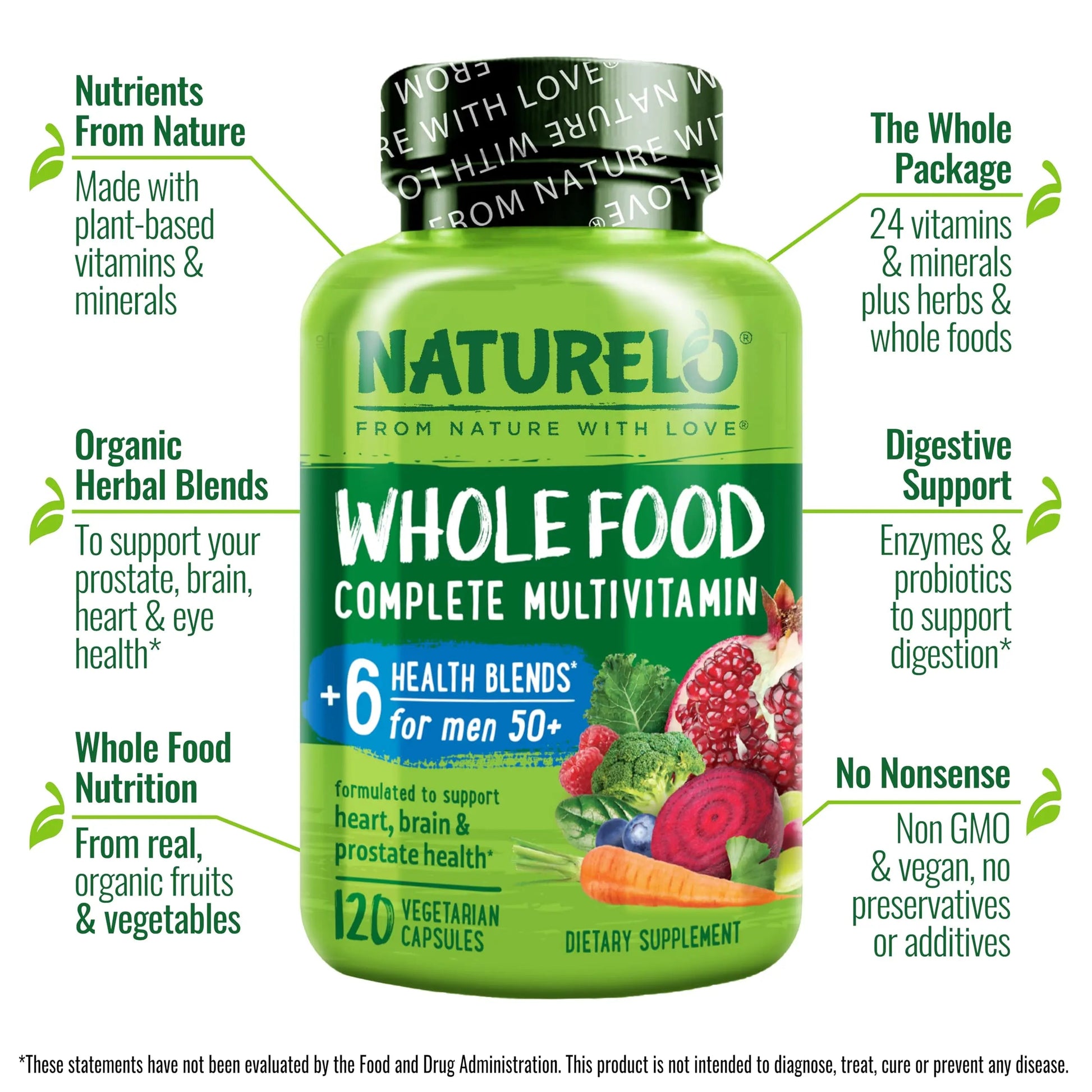 NATURELO Whole Food Multivitamin for Men 50+ - with Vitamins, Minerals, Organic Herbal Extracts - Vegan Vegetarian NATURELOAu supplements