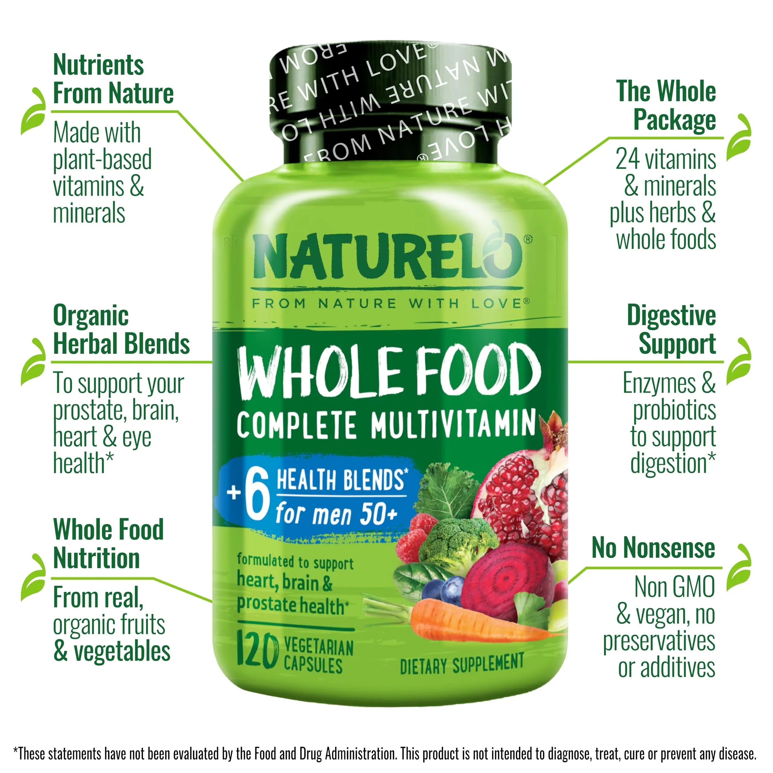 NATURELO Whole Food Multivitamin for Men 50+ - with Vitamins, Minerals, Organic Herbal Extracts - Vegan Vegetarian NATURELOAu supplements