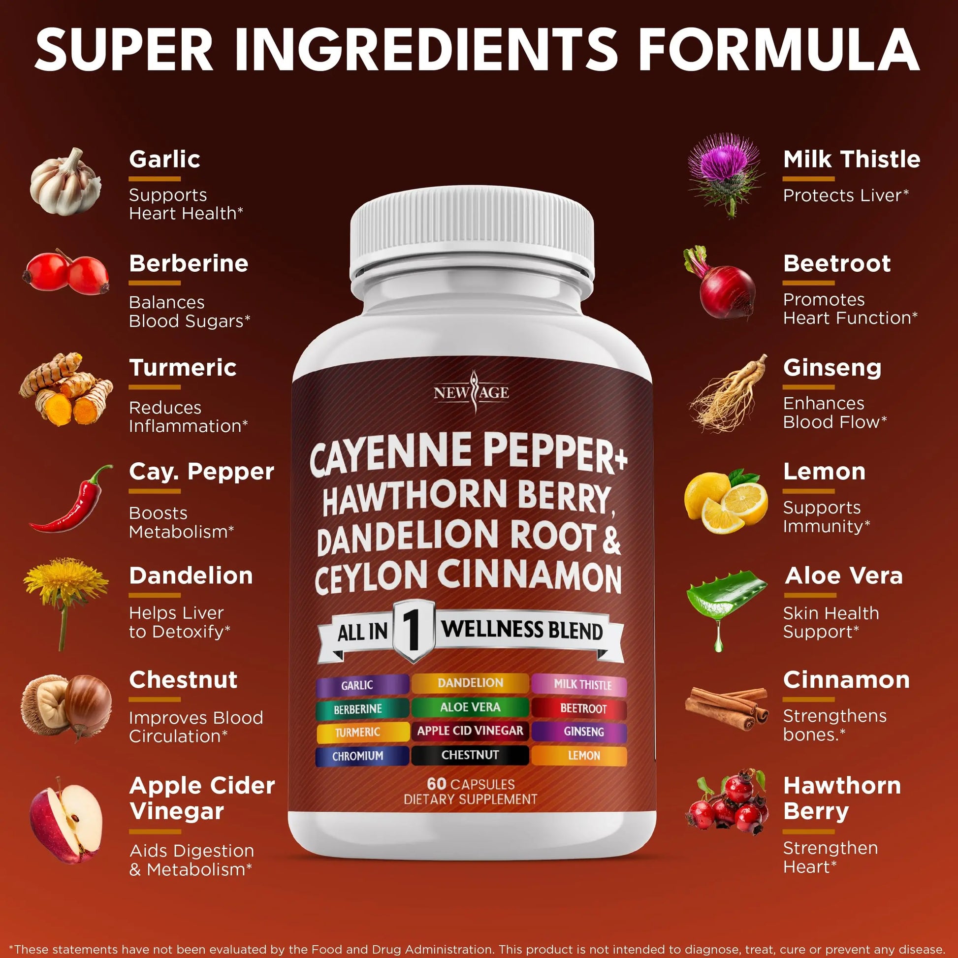 NEW AGE Cayenne Pepper Capsules Supplement with Hawthorn Berry, Dandelion Root, Ceylon Cinnamon, Garlic, Ginger, ACV, Milk Thistle, Beet Root, Aloe Vera - 120 Count NEW AGEnz supplements