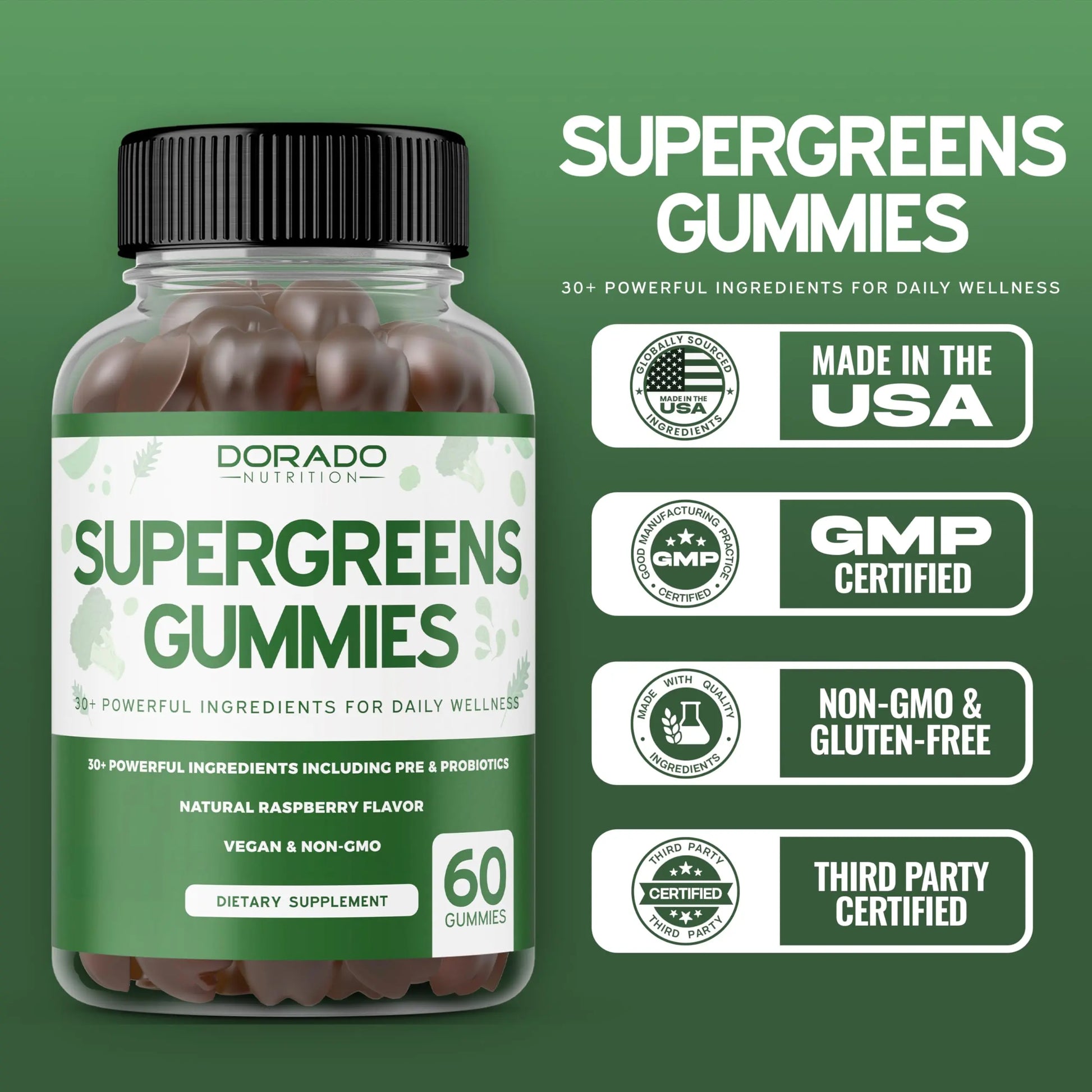 Supergreens Gummies (60 Count) Daily Greens Gummies - Greens Supplements with 8 Ingredient Power Blend - Superfood for Immunity Support for Adults - Third Party Tested, Vegan & USA Made (Pack of 2) DORADO NUTRITIONnz supplements