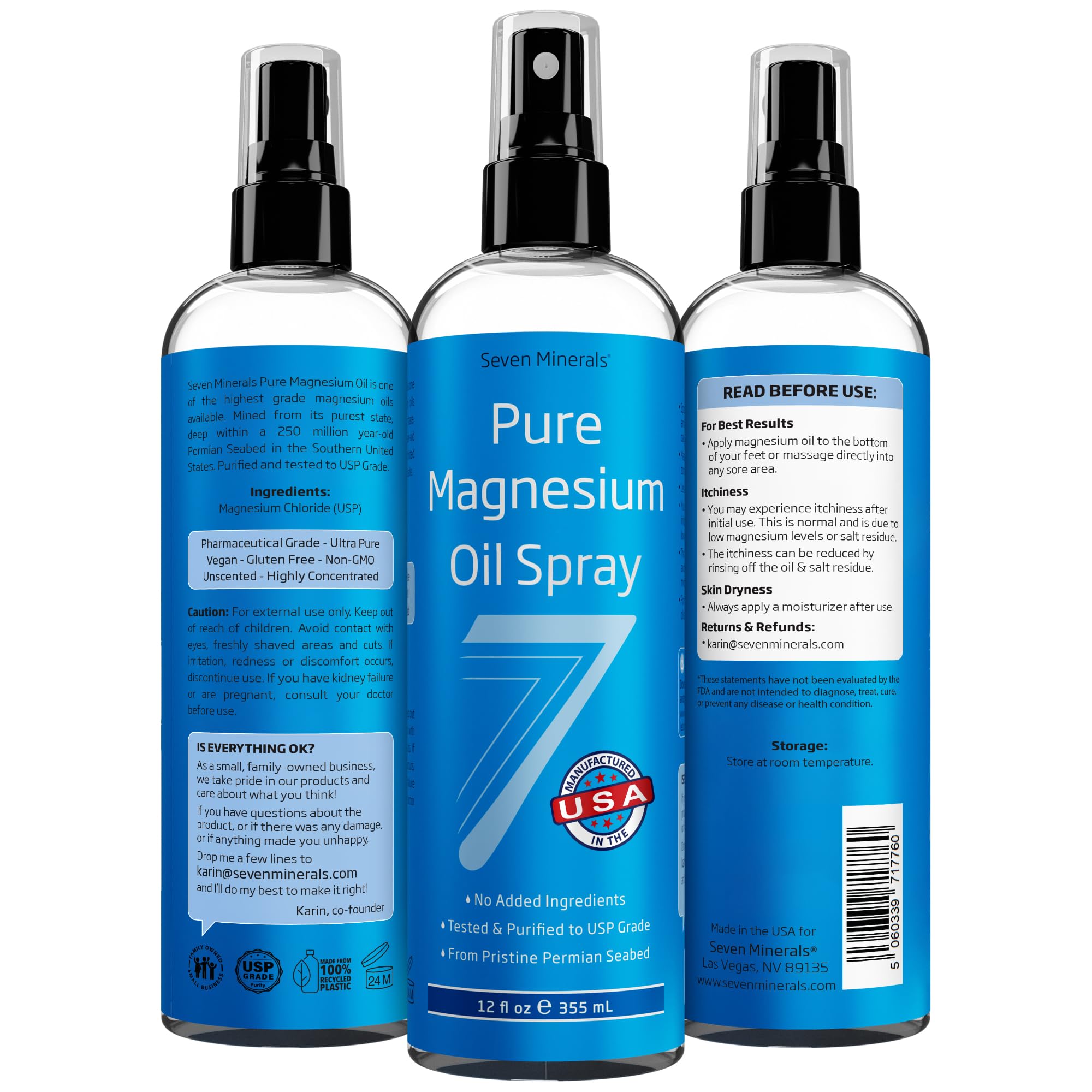 Seven Minerals Pure Magnesium Oil Spray, Big 12oz, USP Grade, Extra Strength, for Feet, Sleep, Muscle Pain & Cramps - Mined in The USA Seven MineralsAu supplements