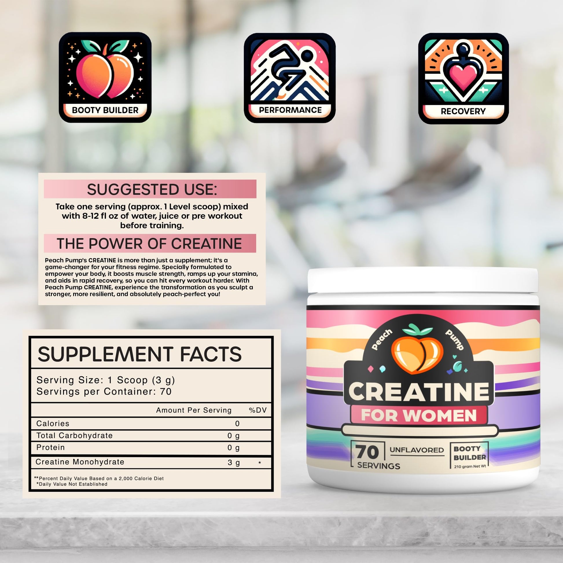 Creatine Supplement for Women's Booty Gains - Unflavored Micronized Creatine Peach PumpUS supplements