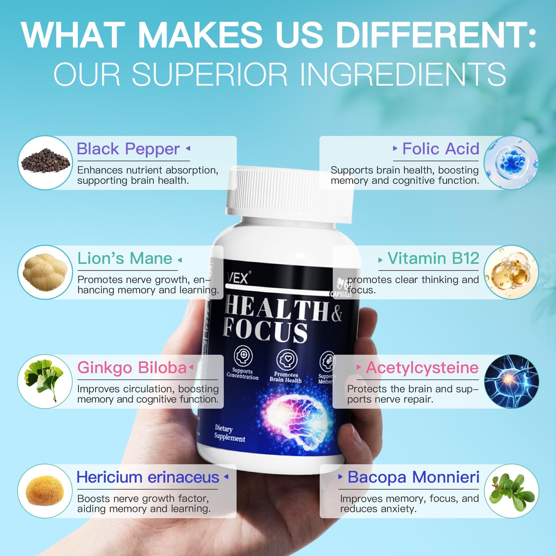 VEX Supplement – Memory & Clarity Support with Folic Acid, Vitamin B, Acetylcysteine, Bacopa Monnieri, Lion’s Mane, Ginkgo Biloba & Black Pepper – Cognitive, 60 Capsules VEXAu supplements