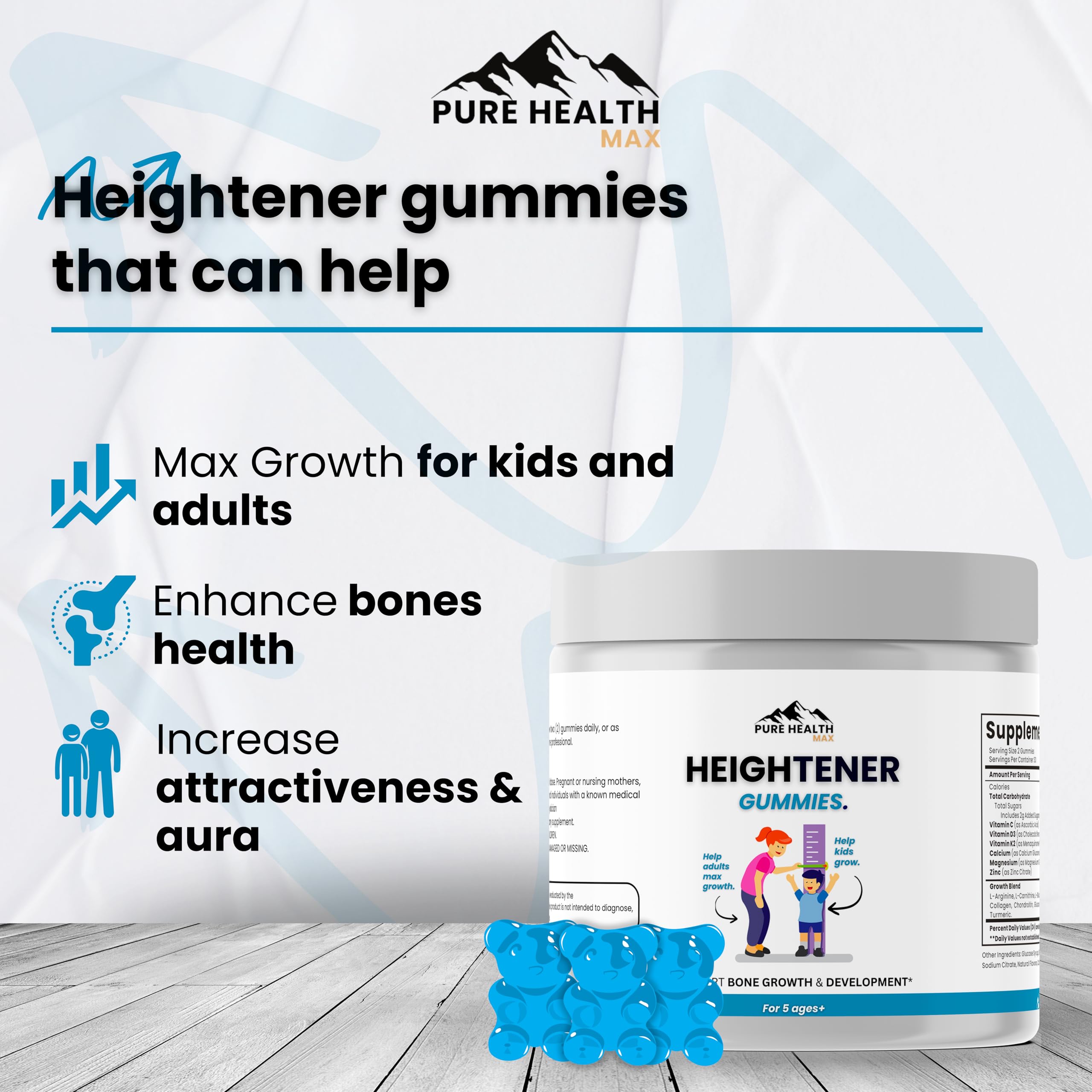 Heightener Gummies - Natural Height Growth Supplement for Kids, Teens and Adults to Increase Bone Strength and Grow Tall | Height Maximizer Pills with L-Arginine, Calcium & Zinc | 60 Gummy PURE HEALTH MAXAu supplements