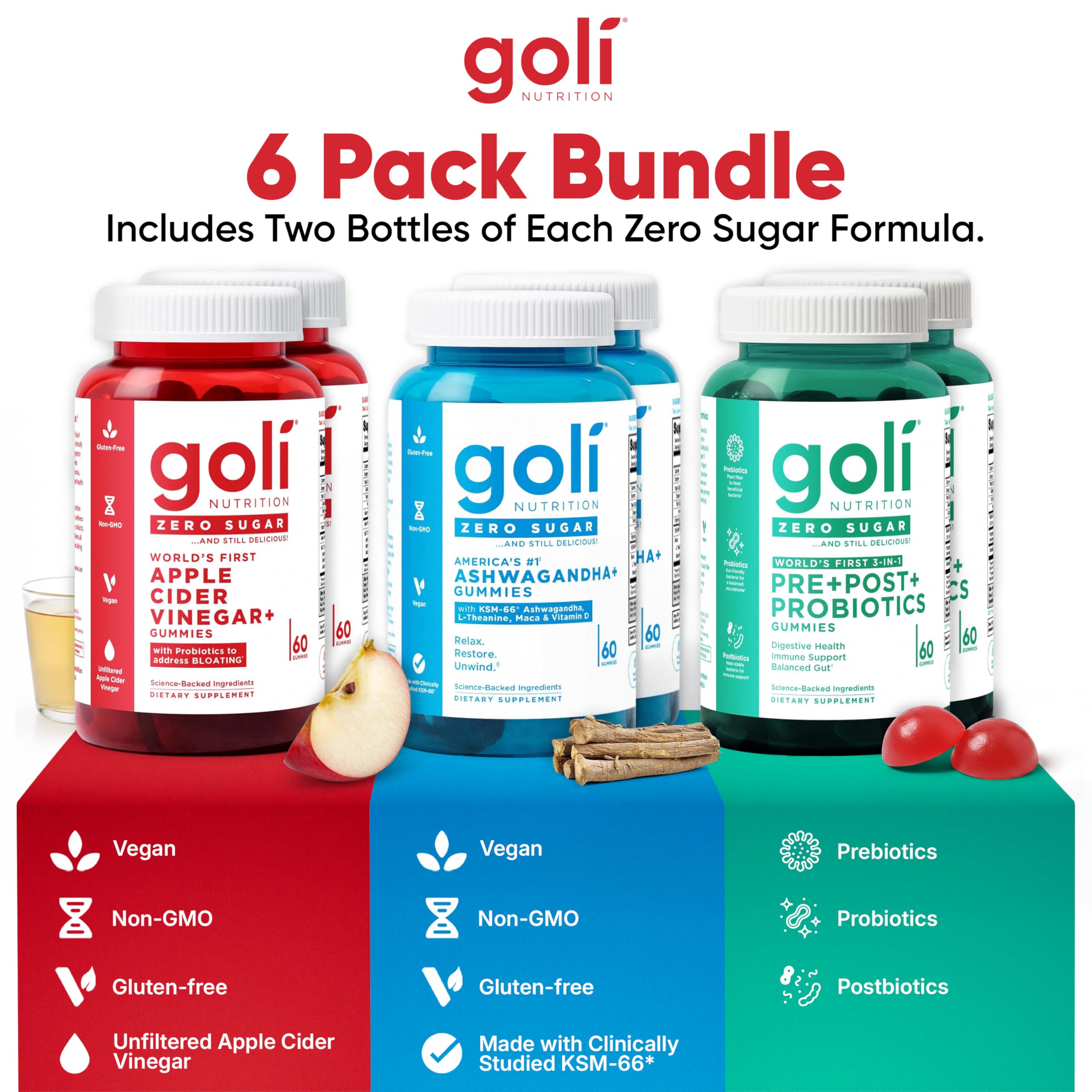 Goli Zero Sugar 6 Pack Bundle - World's First 3-in-1 Pre, Post, Probiotic, Apple Cider Vinegar with Vitamin B12 and Probiotics to Address Bloating, Ashwagandha & L-Theanine, Vitamin D Gummies GoliAu supplements