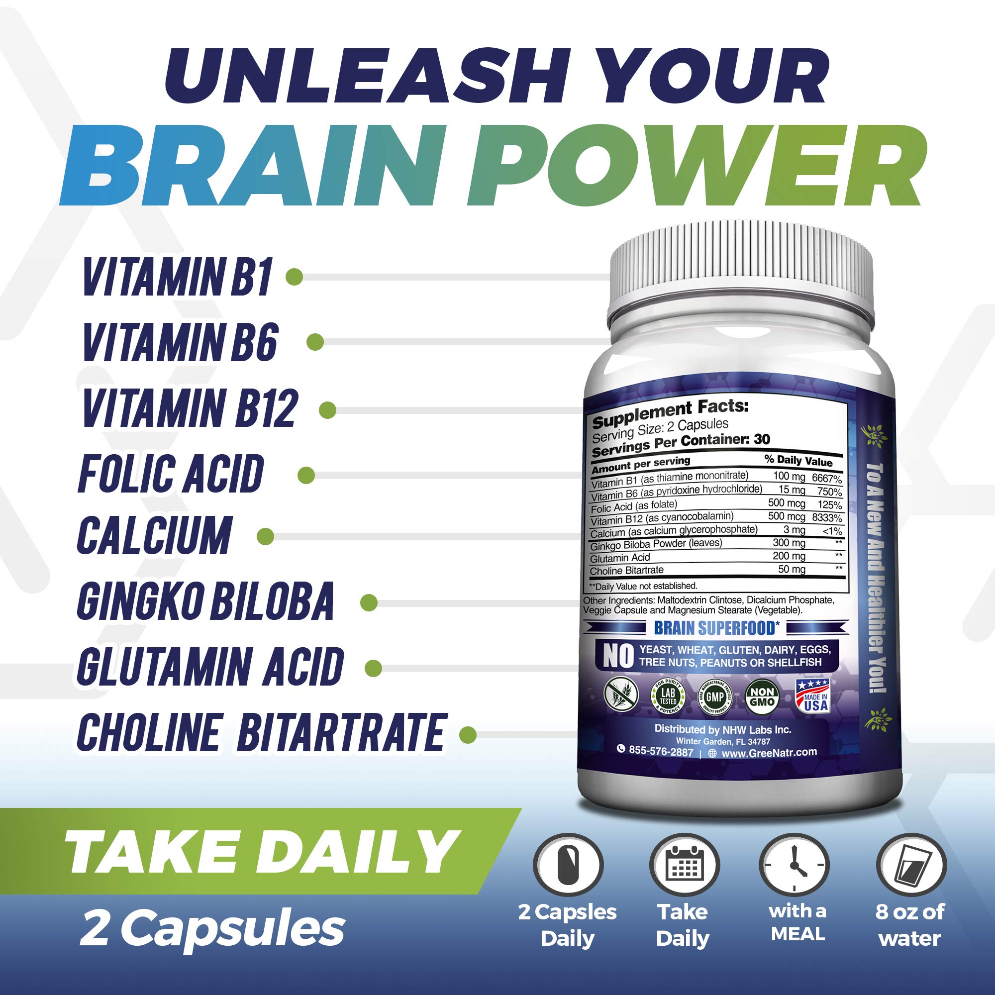 GreeNatr Brain Supplement with B12 Vitamin for Enhanced Memory, Energy, Focus, and Clarity GreeNatrAu supplements