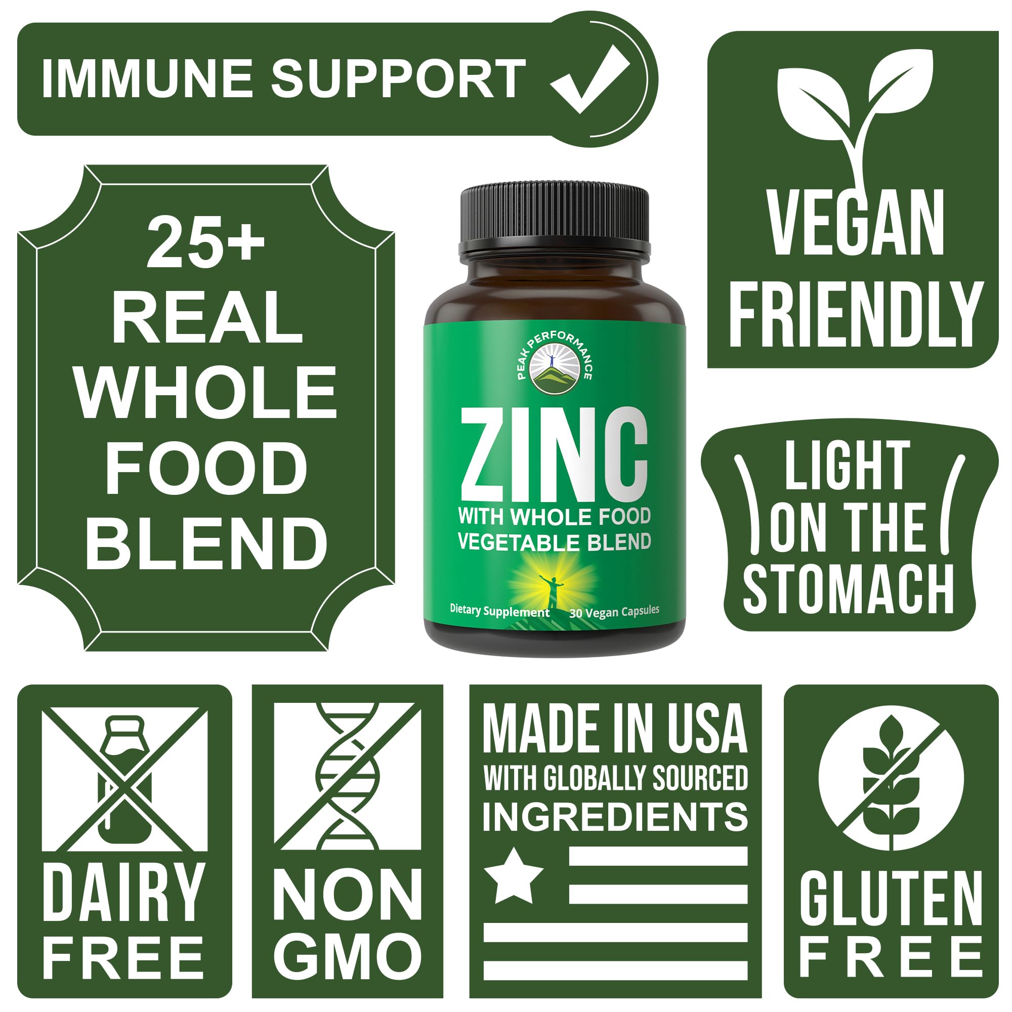 Vegan Zinc Supplement with Vitamin C + Whole Food Blend of 25 Vegetables and Fruits for Max Absorption. Zinc Supplements 30mg Capsules, Pills, Tablets, Vitamins for Adults Both Men and Women Peak PerformanceAu supplements