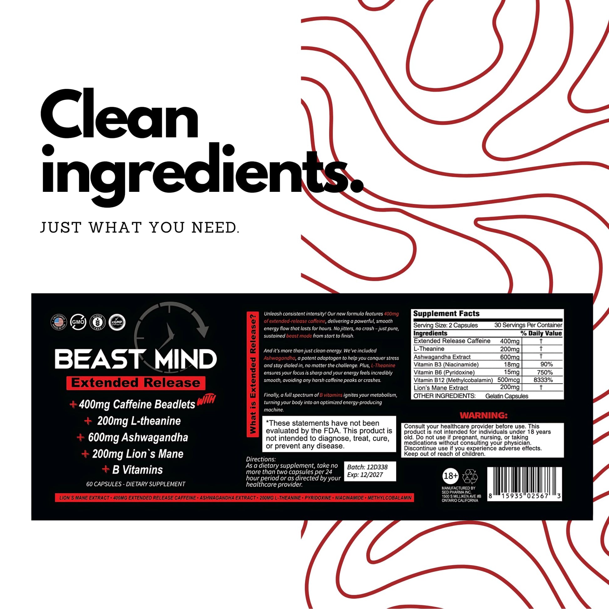 Beast Mind Extended Release Extreme Energy Pills | 400mg XR Caffeine | 600mg Ashwagandha | 200mg Lion's Mane, Increased Energy & Focus, Natural Nootropic Labs Beast MindAu supplements