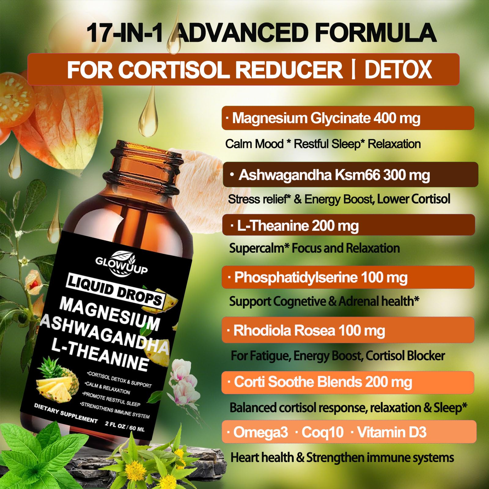 Cortisol Supplements for Women & Men, Cortisol Reducer Manager Detox Liquid Drops Extra Strength Magnesium Glycinate 200mg, L-Theanine & Ashwagandha丨Hormone Balance, Relaxation & Recess Mood GLOVVUUPAu supplements