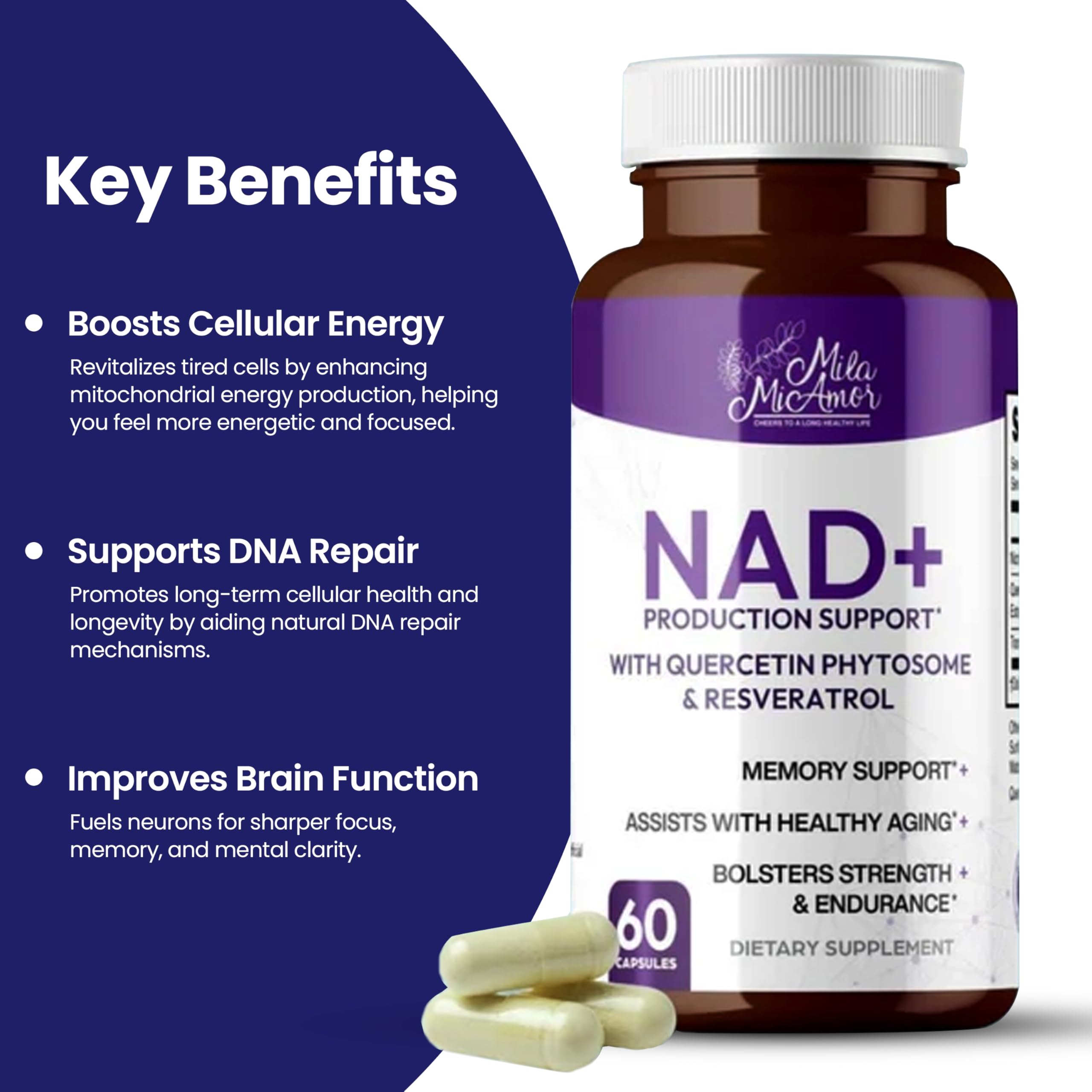 Mila Miamor NAD+ for Cellular Energy & Anti-Aging Supplement| Boost Focus, Vitality & Mitochondrial Function | Supports DNA Repair, Brain Health & Endurance | Non-GMO, Gluten-Free | 60 Capsules Mila MiamorAu supplements