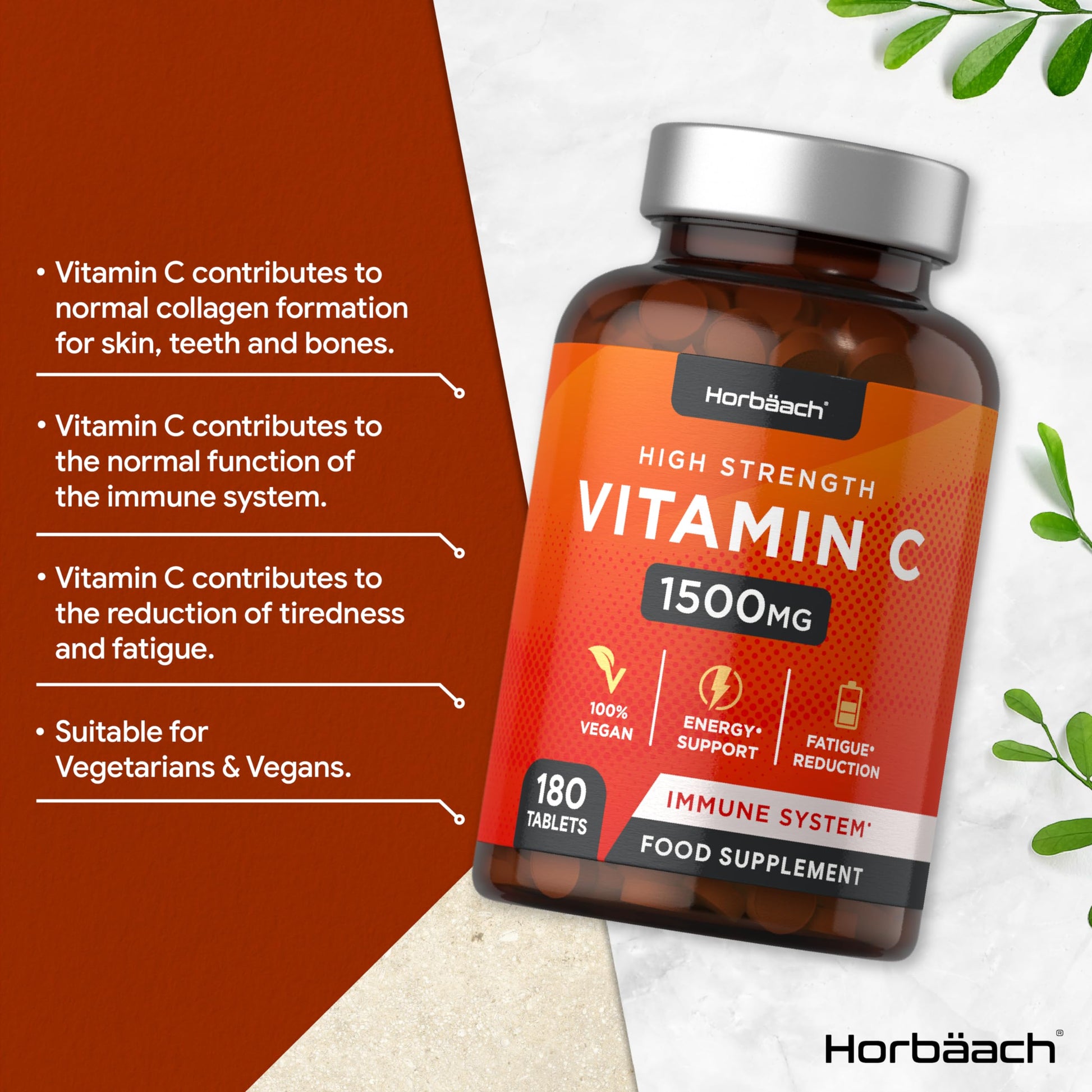 Vitamin C Tablets 1500mg | 180 Count | High Strength Vegan Supplement | No Artificial HorbäachUS supplements