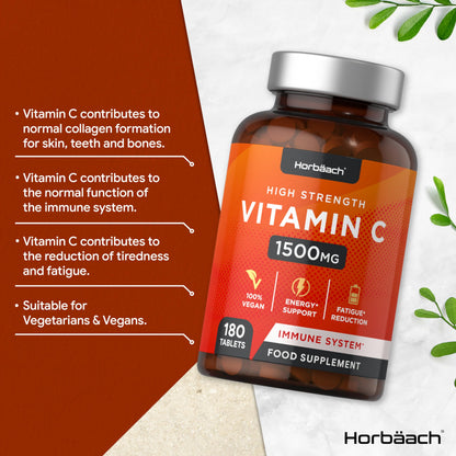 Vitamin C Tablets 1500mg | 180 Count | High Strength Vegan Supplement | No Artificial HorbäachUS supplements