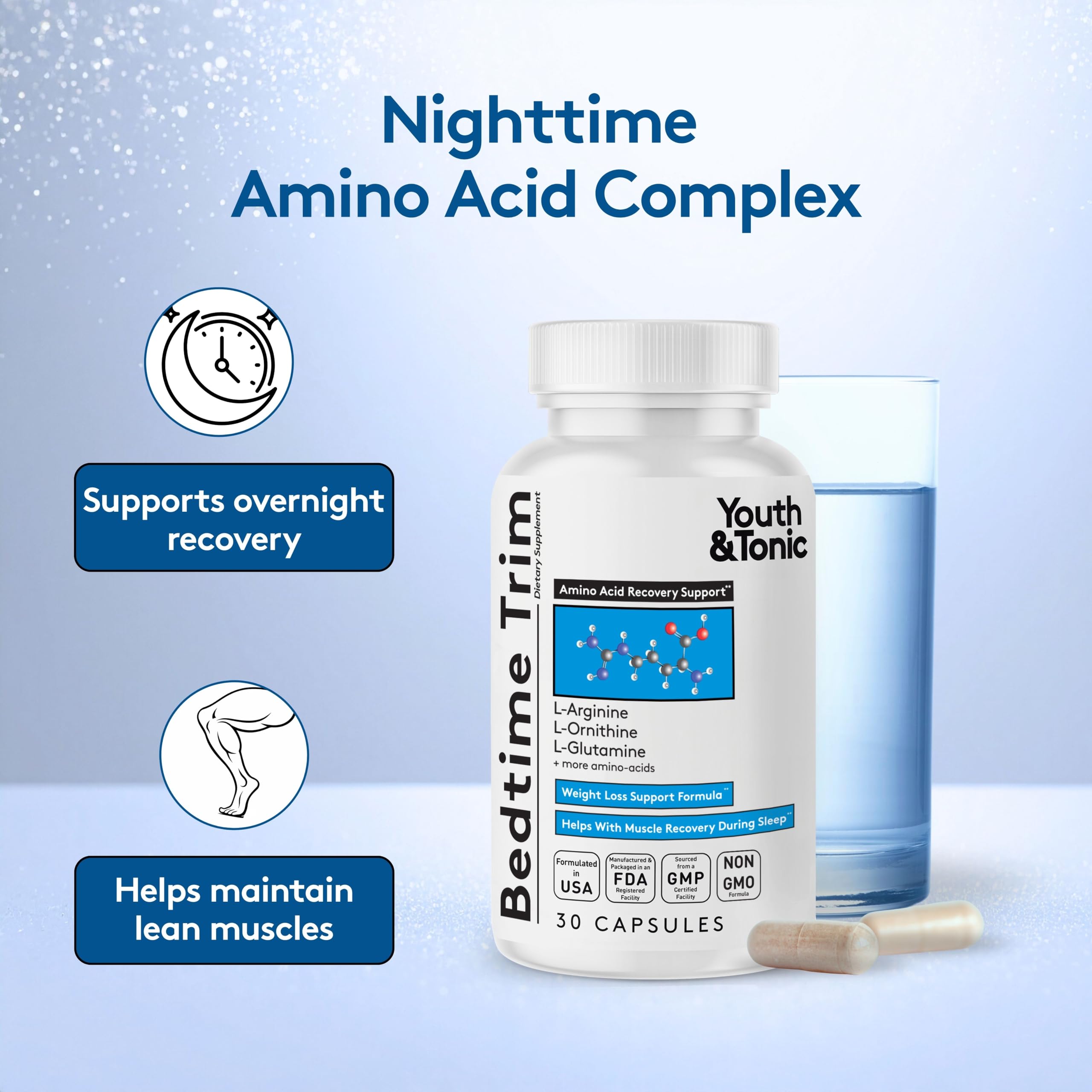 Youth & Tonic PM Bedtime Trim for Lean Appearance & Muscle Definition Support – Nighttime Amino Acids Supplement for Overnight Recovery, Men & Women, 30 Capsules Youth & TonicAu supplements
