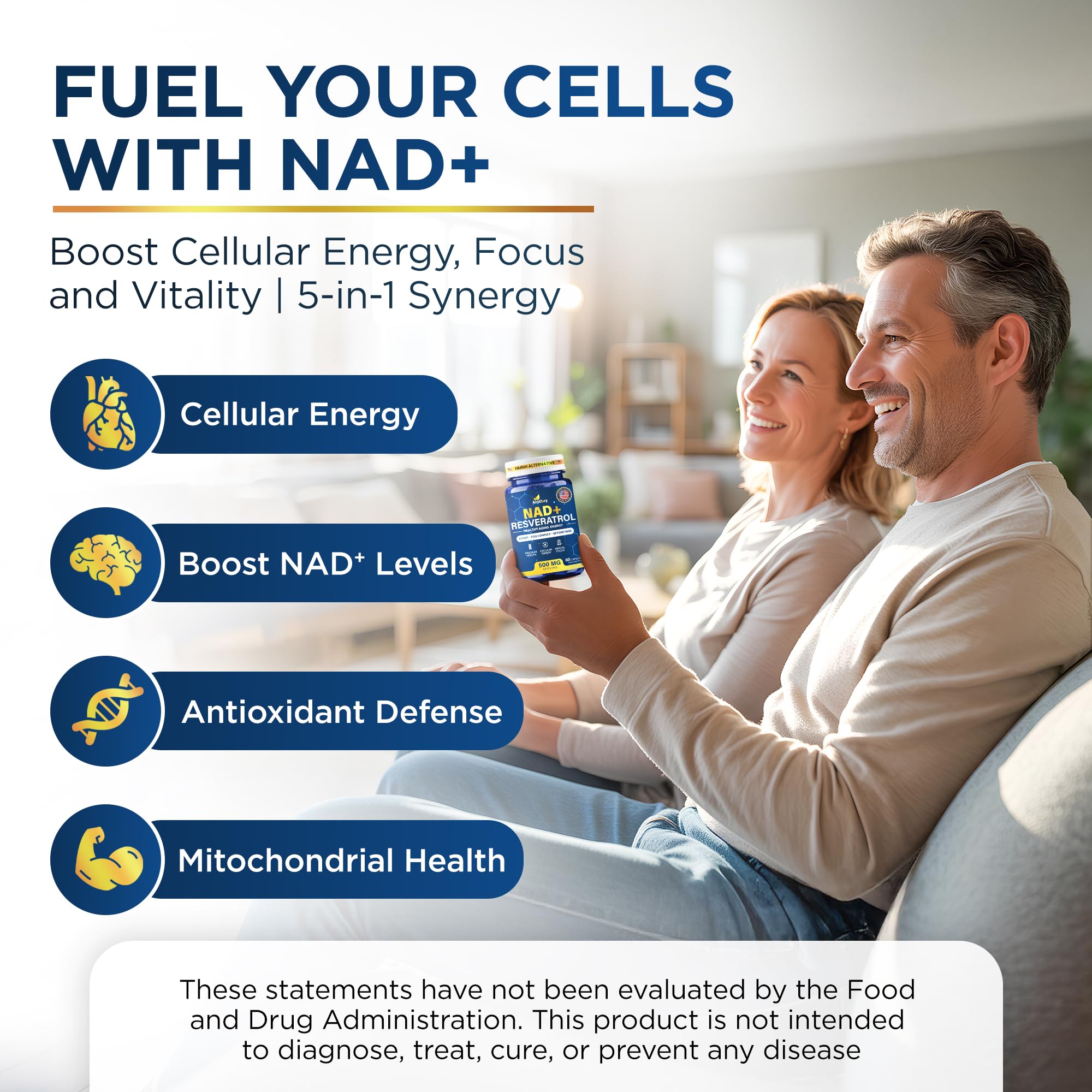 Anyglory NAD+ Supplement with 500mg NR, Resveratrol, CoQ10, PQQ- 5-in-1 NAD Formula |NMN Supplement Alternative|NAD Resveratrol Support Cellular Energy & Healthy Aging-Made in USA-60 Capsules AnygloryAu supplements