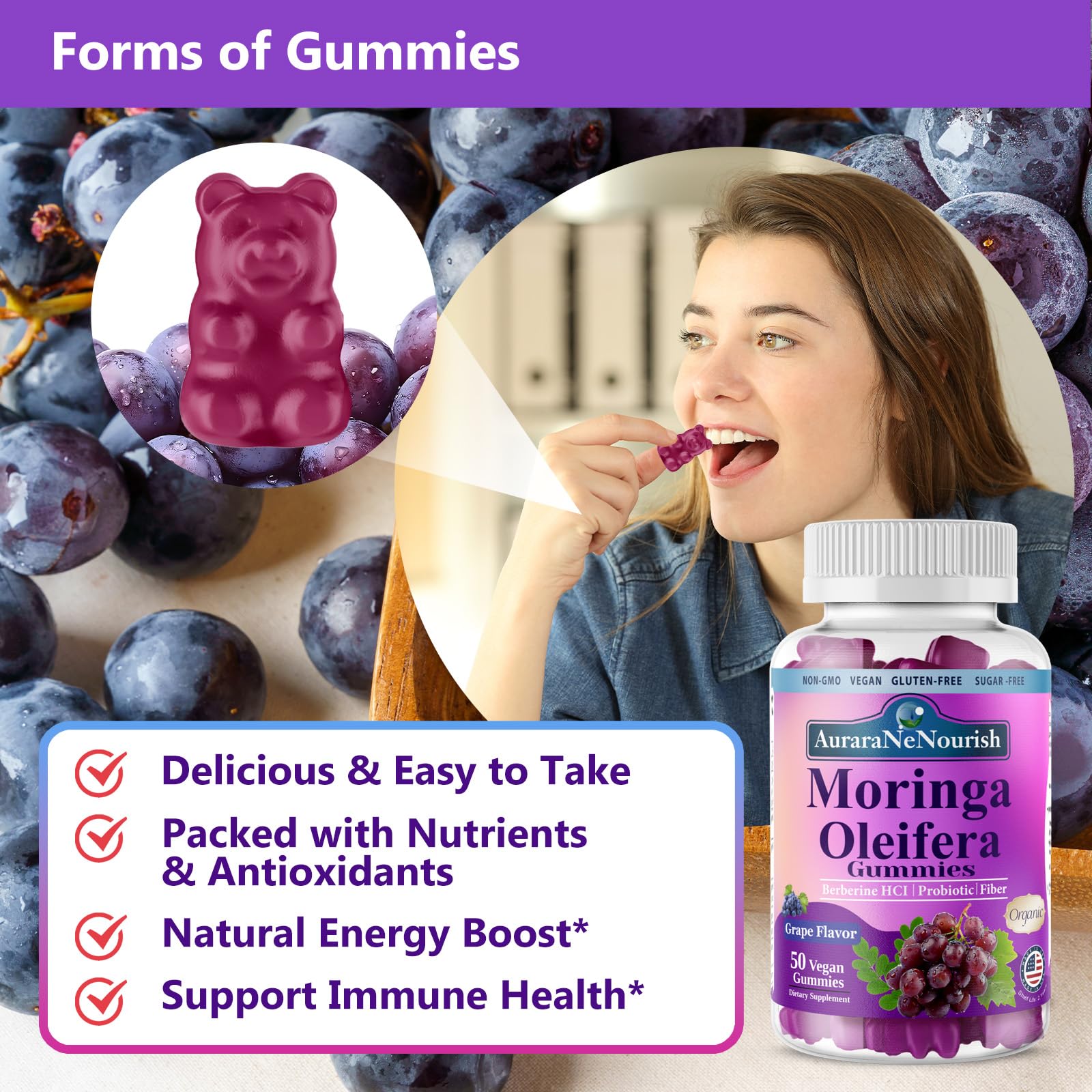 AuraraNeNourish Organic Moringa Oleifera Gummies for Women & Men, 8-in-1 Superfood Blend w. Berberine HCl & Moringa Leaf Extract for GLP-1 Support & Energy Immune Joint & Gut Health Sugar-Free AuraraNeNourishAu supplements