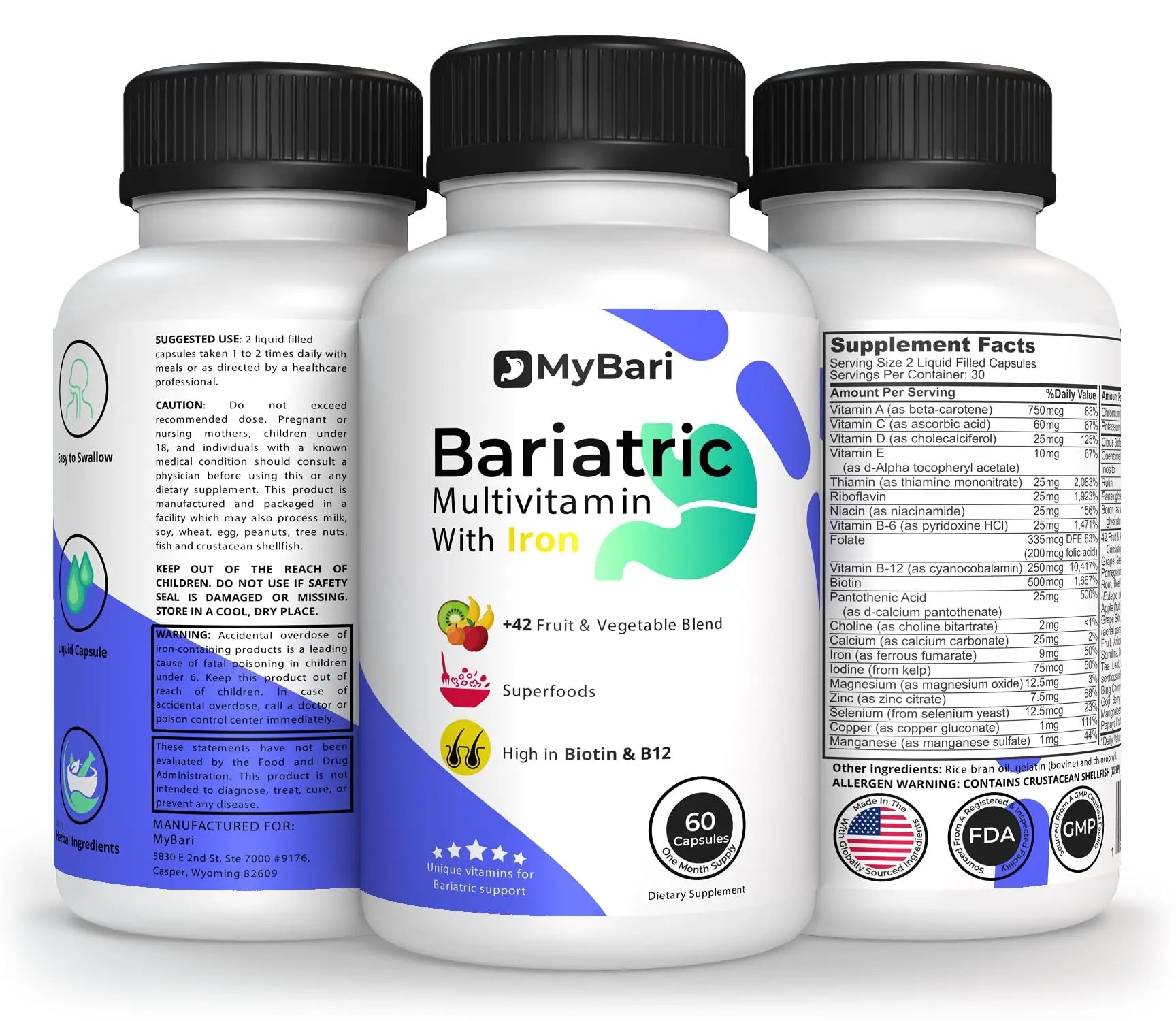MyBari All-in-One Bariatric Multivitamin with Iron - Made in USA - for Men & Women - Supports Gastric Sleeve & Bypass with 42+ Fruit & Veggie Blend - 60 Liquid Capsules MyBariAu supplements