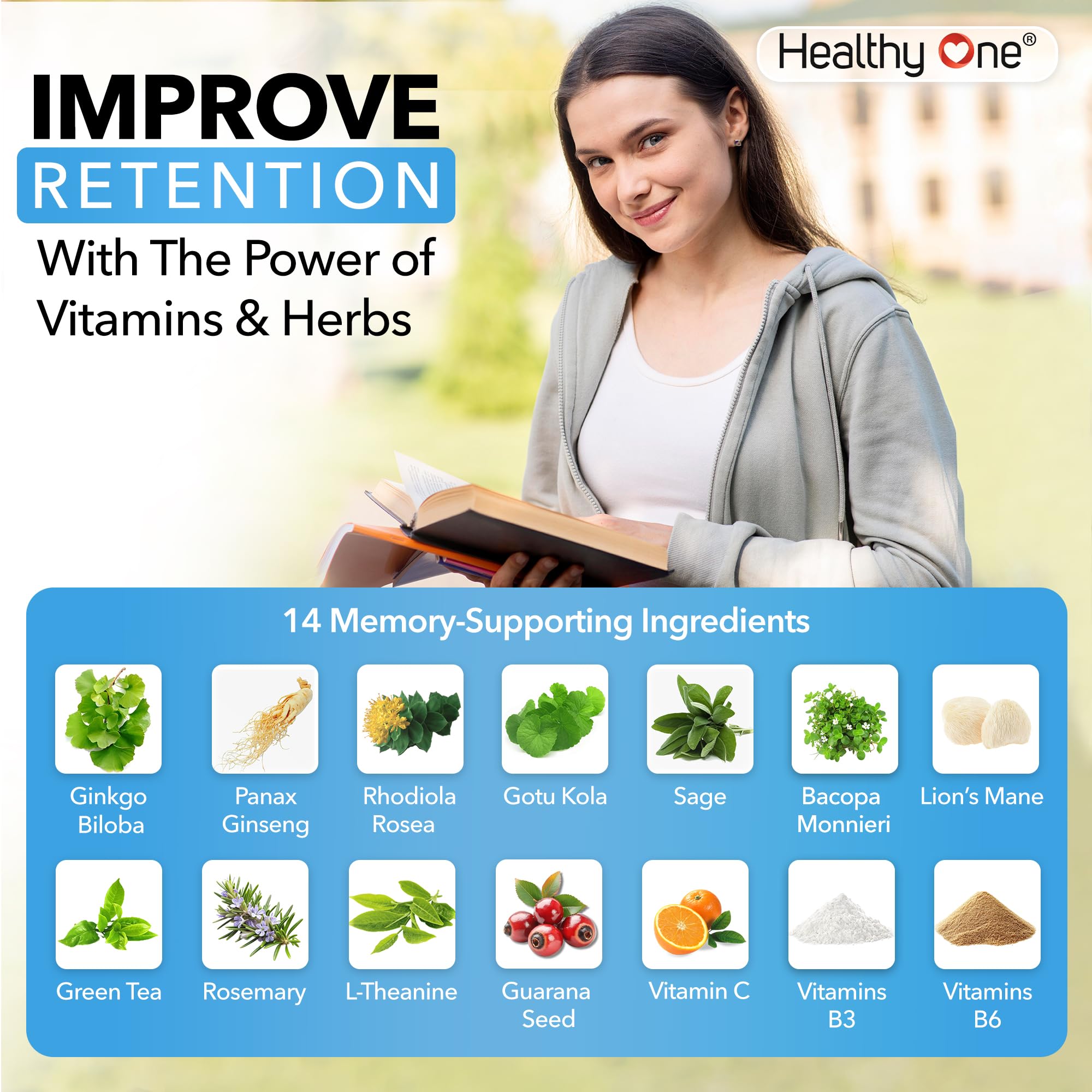 Healthy Mind - Safe for Teens - Brain Fog - Cognitive Function - Concentration - Focus - Neural Optimization - Mood - Ginkgo Biloba - Ginseng - Rhodiola - Bacopa - Gotu Kola - Green Tea - 60 Count Healthy OneAu supplements