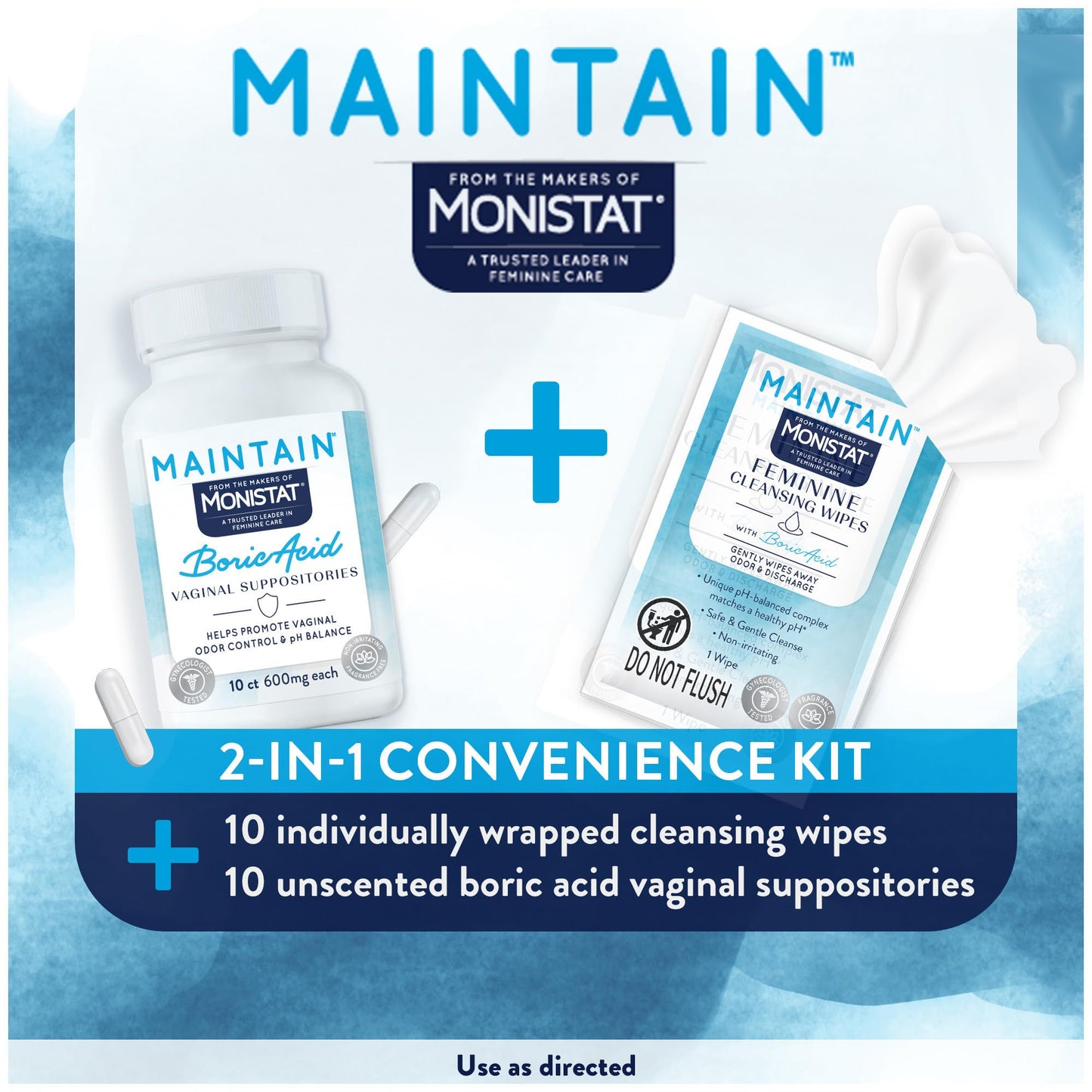 Monistat Maintain Boric Acid Odor Control Kit, 10 Feminine Wipes & 10 Boric Acid Suppositories for Women, Fragrance-Free and Non-Irritating pH Balanced Formulas to Control Vaginal Odor MonistatUS supplements