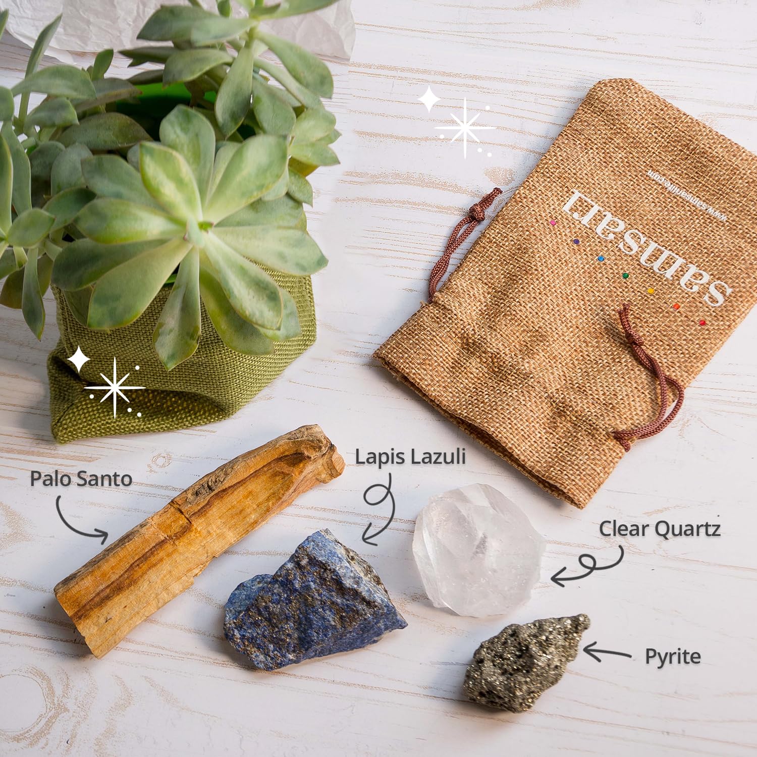 5PCS SAMSARI Abundance XL Crystals Healing Set - (Pyrite, Lapis Lazuli, Clear Quartz), 1 Palo Santo Stick SAMSARIAu supplements