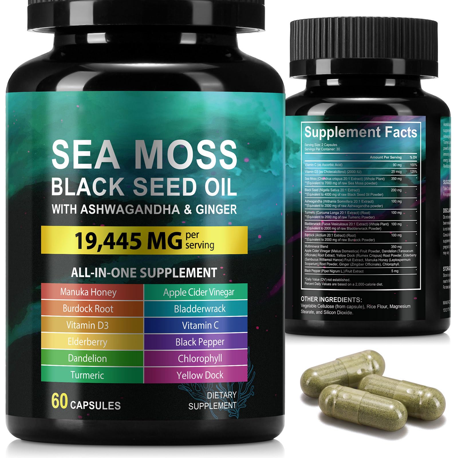 Sea Moss Black Seed Oil Ashwagandha Ginger Capsules, Seamoss Capsules Supplement with Bladderwrack Burdock & Vitamin C Vitamin D3 for Women & Men-Enhanced Immunity,60 Counts VceeoyAu supplements