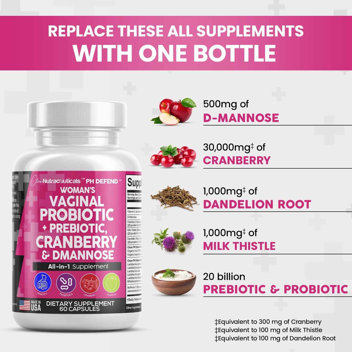 Vaginal Probiotics For Women + Prebiotics 20 Billion Cranberry Pills 30,000mg w/ D-Manno Clean NutraceuticalsUS supplements