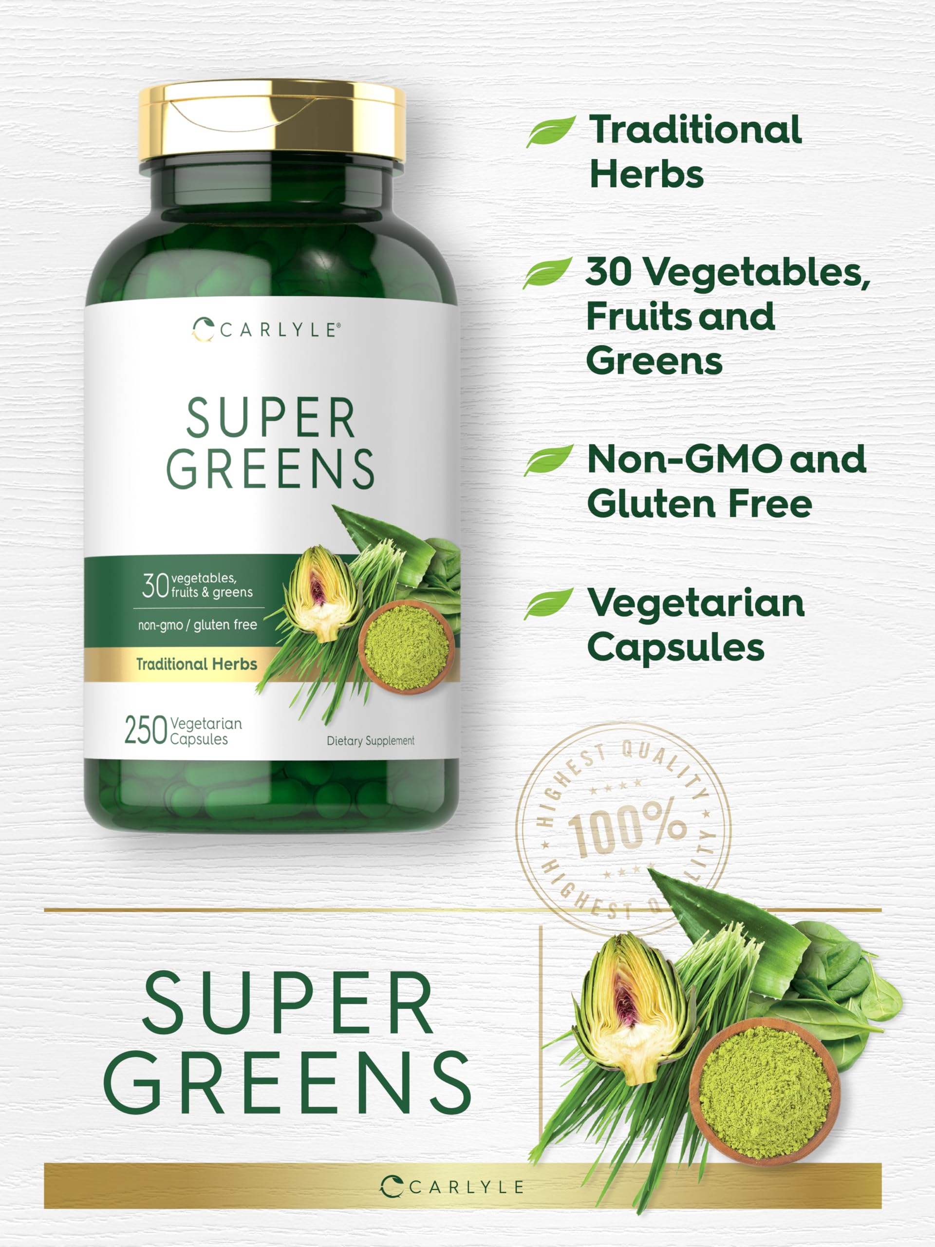Carlyle Super Greens Capsules | 250 Count | Blend of 13 Vegetables and Greens Plus 17 Fruits | Non-GMO & Gluten Free Supplement CarlyleAu supplements