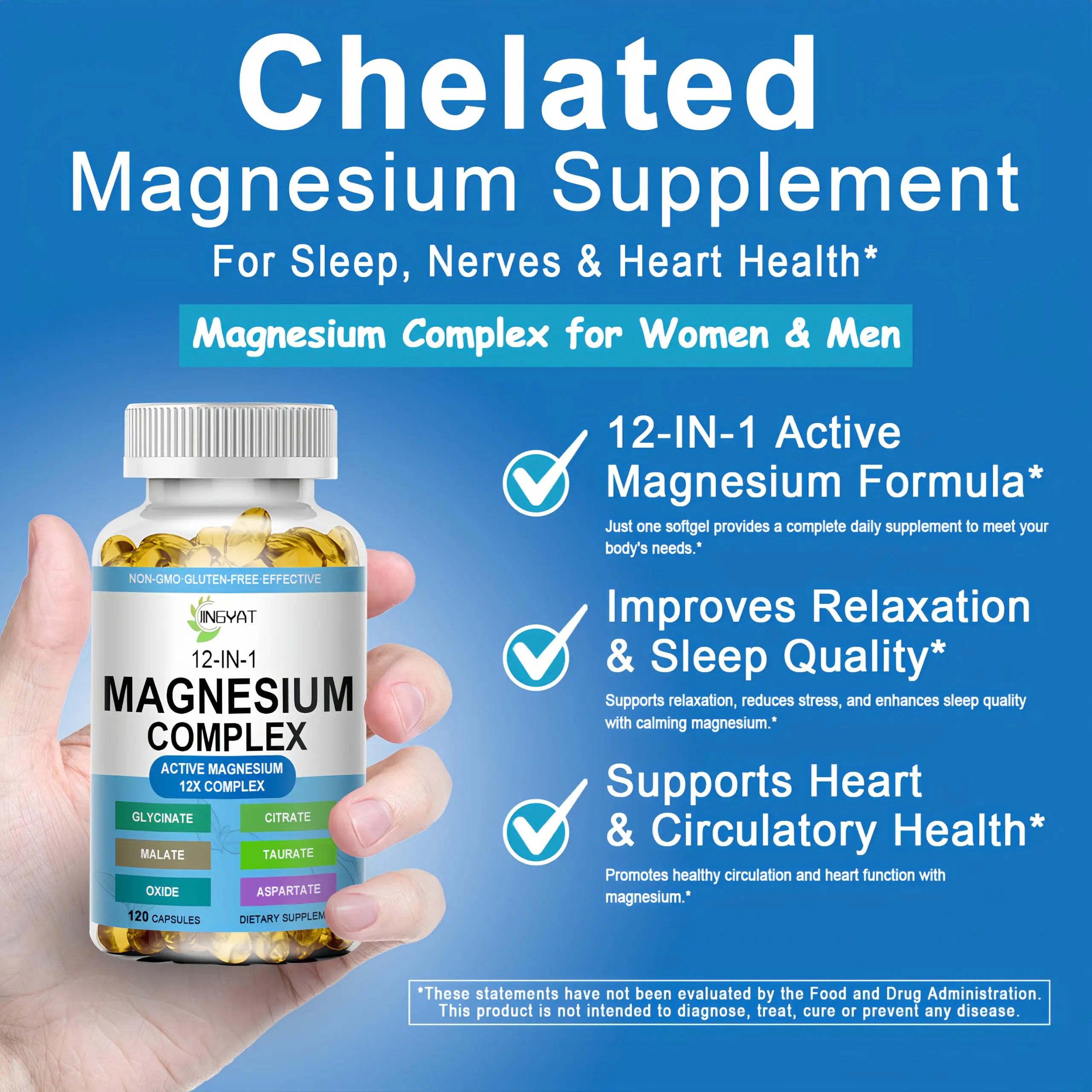 Magnesium Complex Softgels - 12-in-1 Magnesium Supplement with Glycinate,Citrate,Malate,Oxide,Taurate - High Absorption Magnesium Complex for Women & Men for Muscle, Heart, Sleep, Bone, Nerve Support JINGYATnz supplements