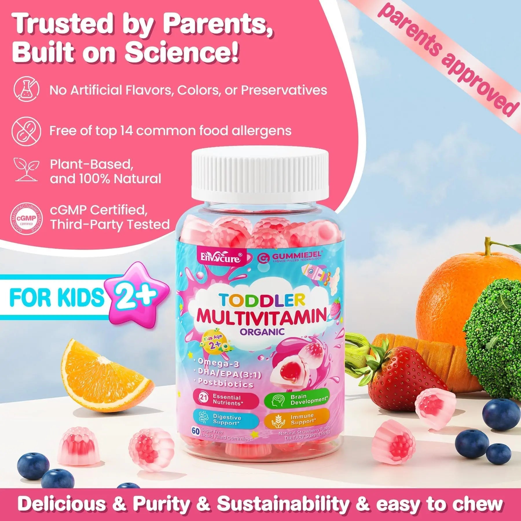 Organic Toddler Multivitamin Gummies + Omega-3 (DHA/EPA), Postbiotics | kids 2+ multivitamin | Vitamins A C D3 Methyl B12 Folate Zinc EnvyCureAu supplements