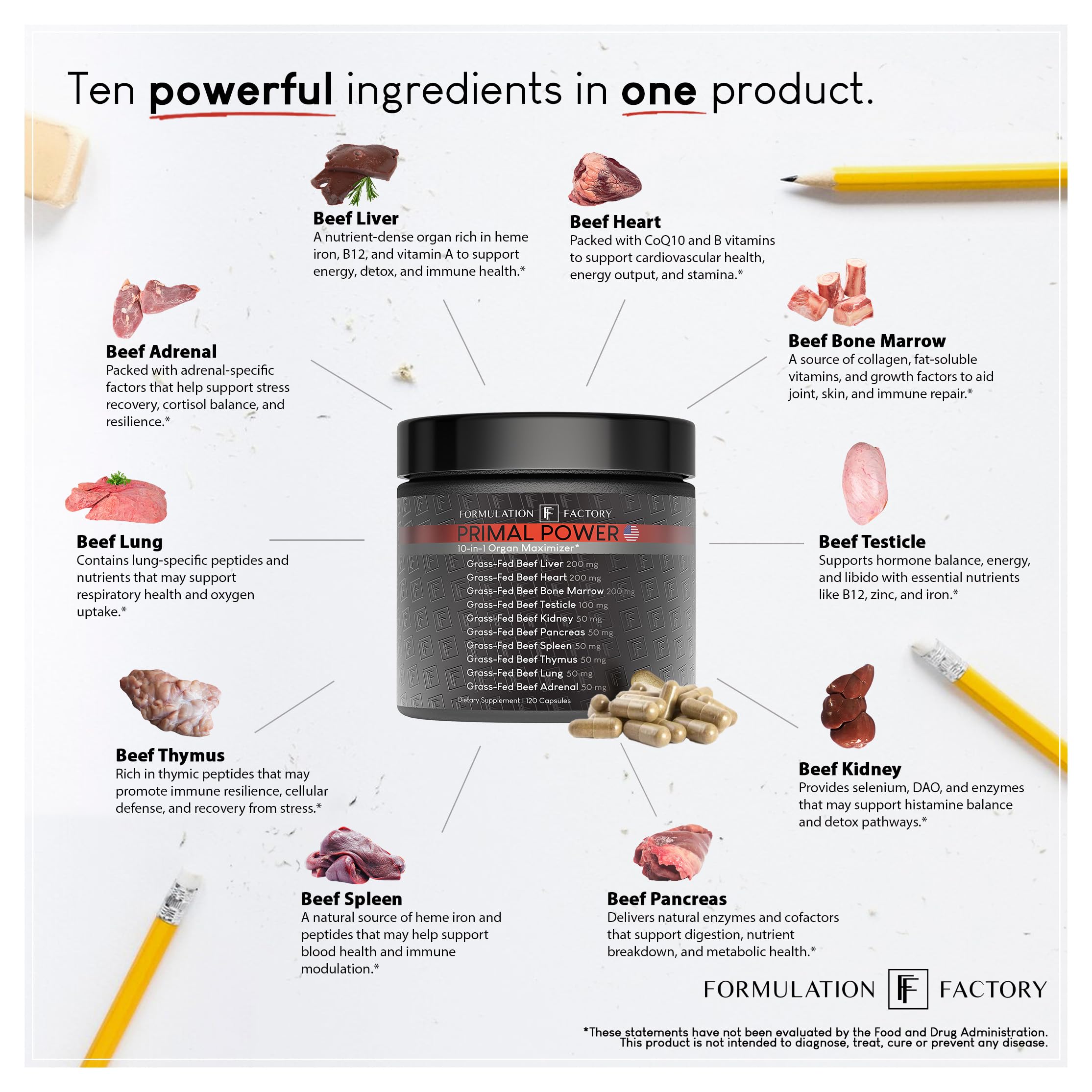 Formulation Factory Beef Liver Capsules - 10-in-1 Primal Powder Beef Organ Supplement for Men & Women with Bone Marrow & Beef Testicle - Grass Fed Ancestral Health - 120 Capsules, 2 Month Supply Formulation FactoryAu supplements