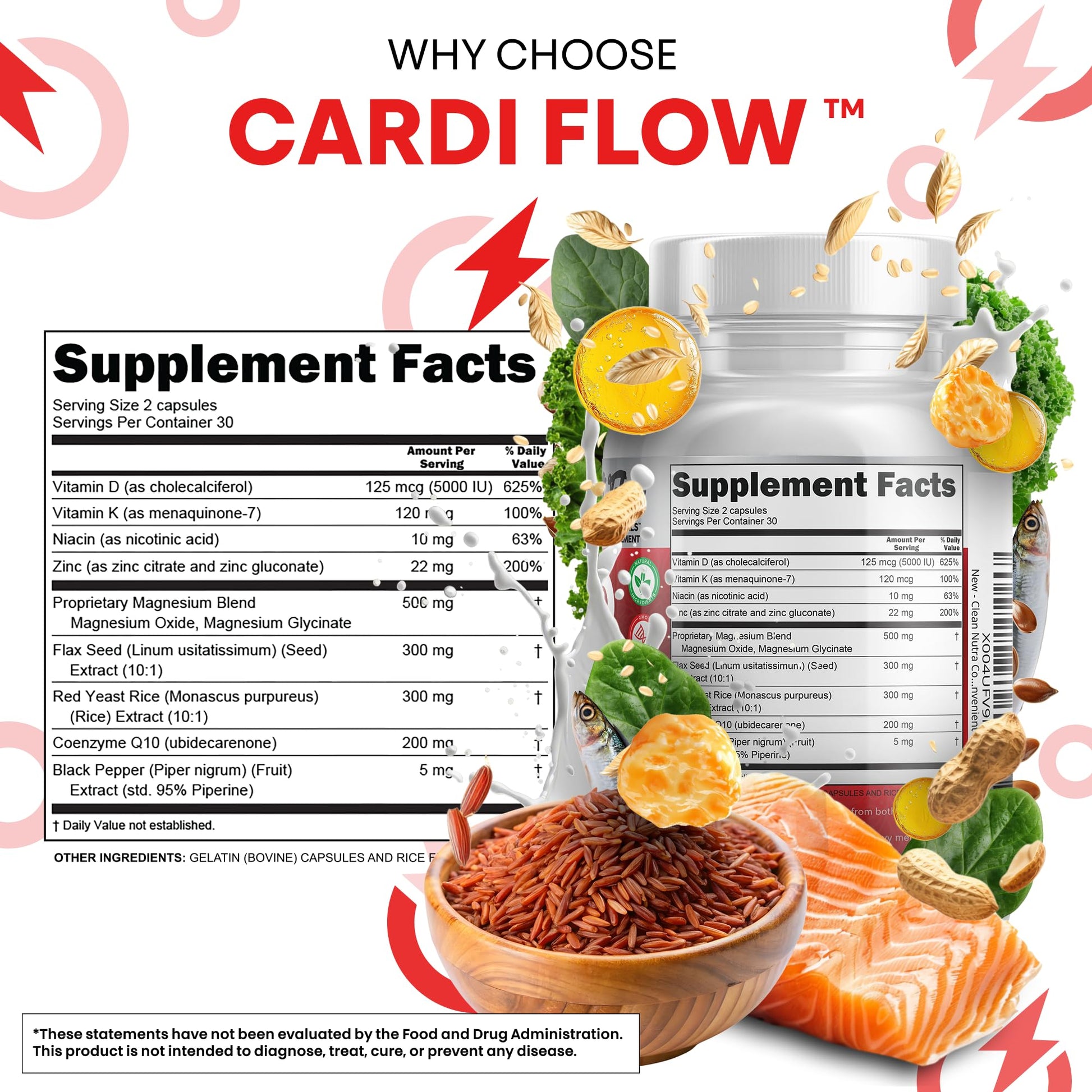 Clean Nutra CoQ10 Red Yeast Rice Magnesium Glycinate Vitamin K2 D3 Niacin Zinc Flax Seed Omega 3 Capsules 60 Count All in One Formula Premium Ingredients Dietary Supplement Clean NutraceuticalsAu supplements