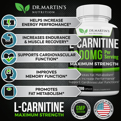 DR. MARTIN'S NUTRITION Extra Strength L-Carnitine - 200 Capsules - 1000mg Per Serving - Boost Your Metabolism and Increase Performance DR. MARTIN'S NUTRITIONUS supplements