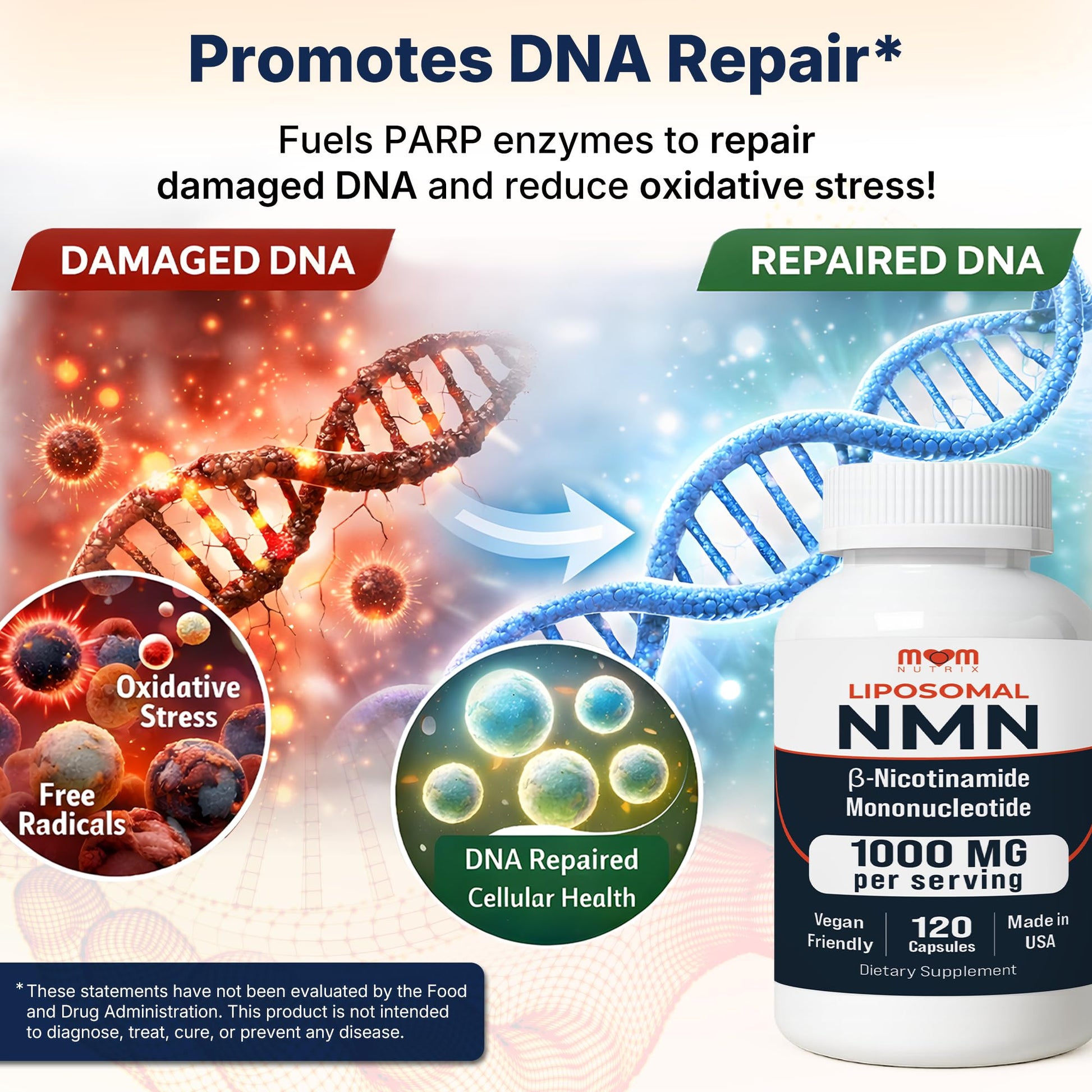 NMN Supplement 1000 mg Pure Nicotinamide Mononucleotide - NAD Precursor for Energy, Cellular Renewal & Longevity Support - Mitochondrial Support 120 Capsules - Vegan, Non GMO, Gluten Free MOM NUTRIXAu supplements