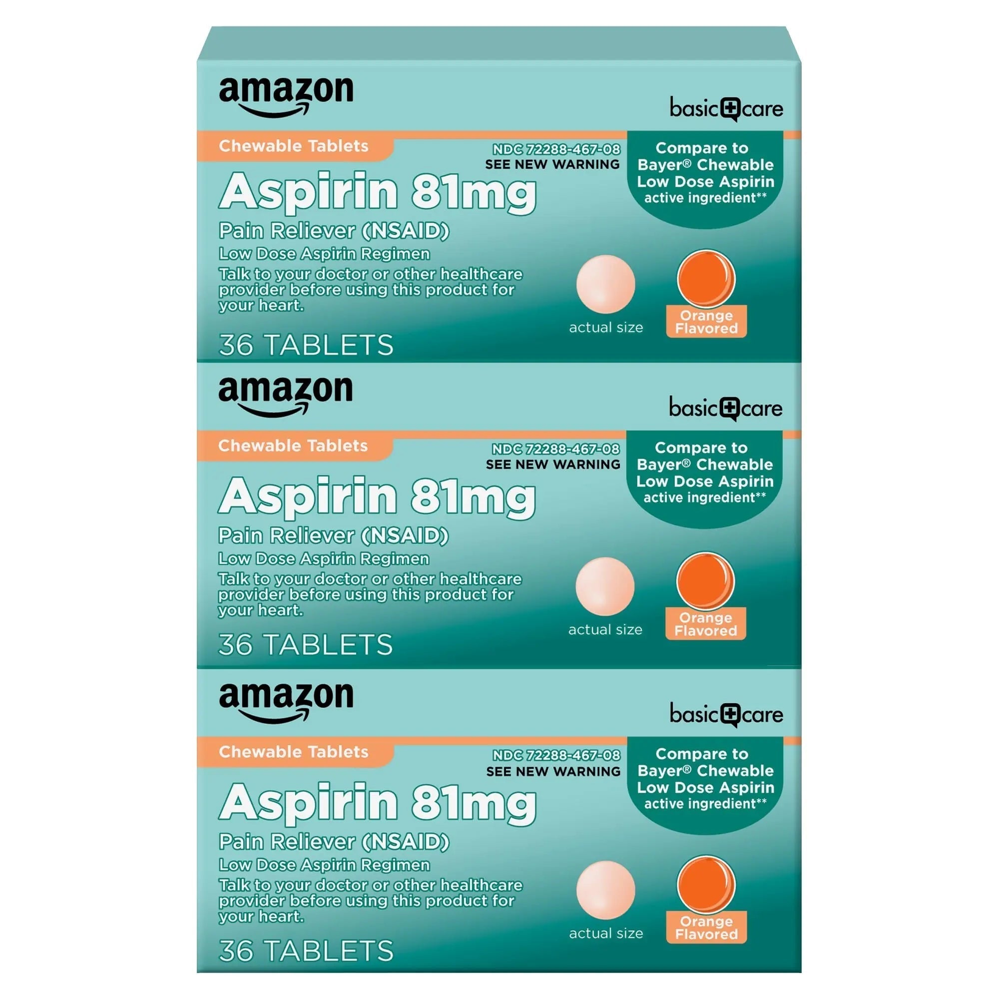 Amazon Basic Care Aspirin 81 mg Pain Reliever (NSAID) Chewable Tablets, Low Dose , Orange Flavor, 36 Count (Pack of 3) Amazon Basic CareAu supplements