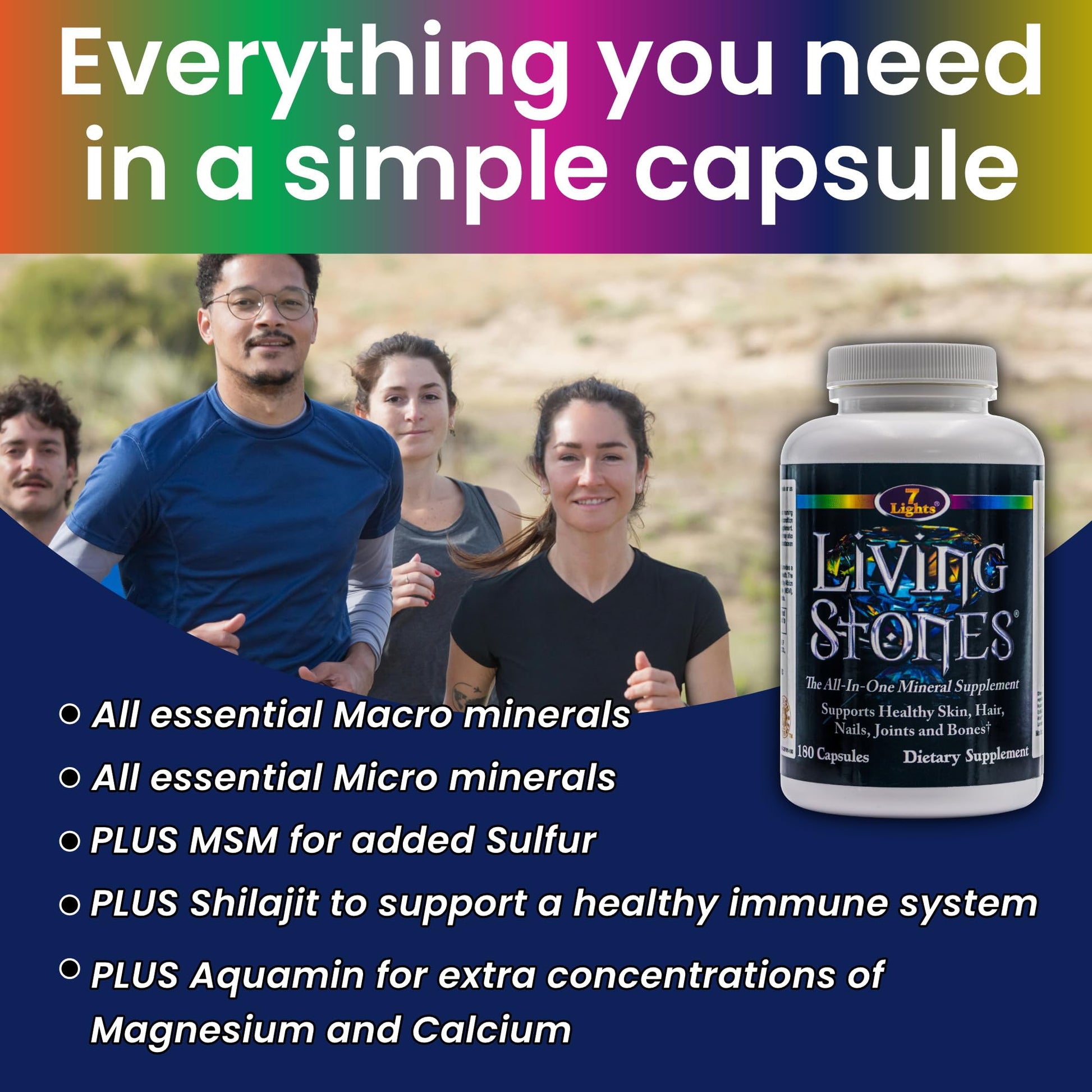 Living Stones, Complete Mineral Supplement with Zinc, Calcium, Magnesium, Selenium, Trace Minerals, No Added Iron, with MSM (Organic Sulfur) and Shilajit, Premium Absorption (30-Day Supply - 180 Caps) 7 LightsAu supplements