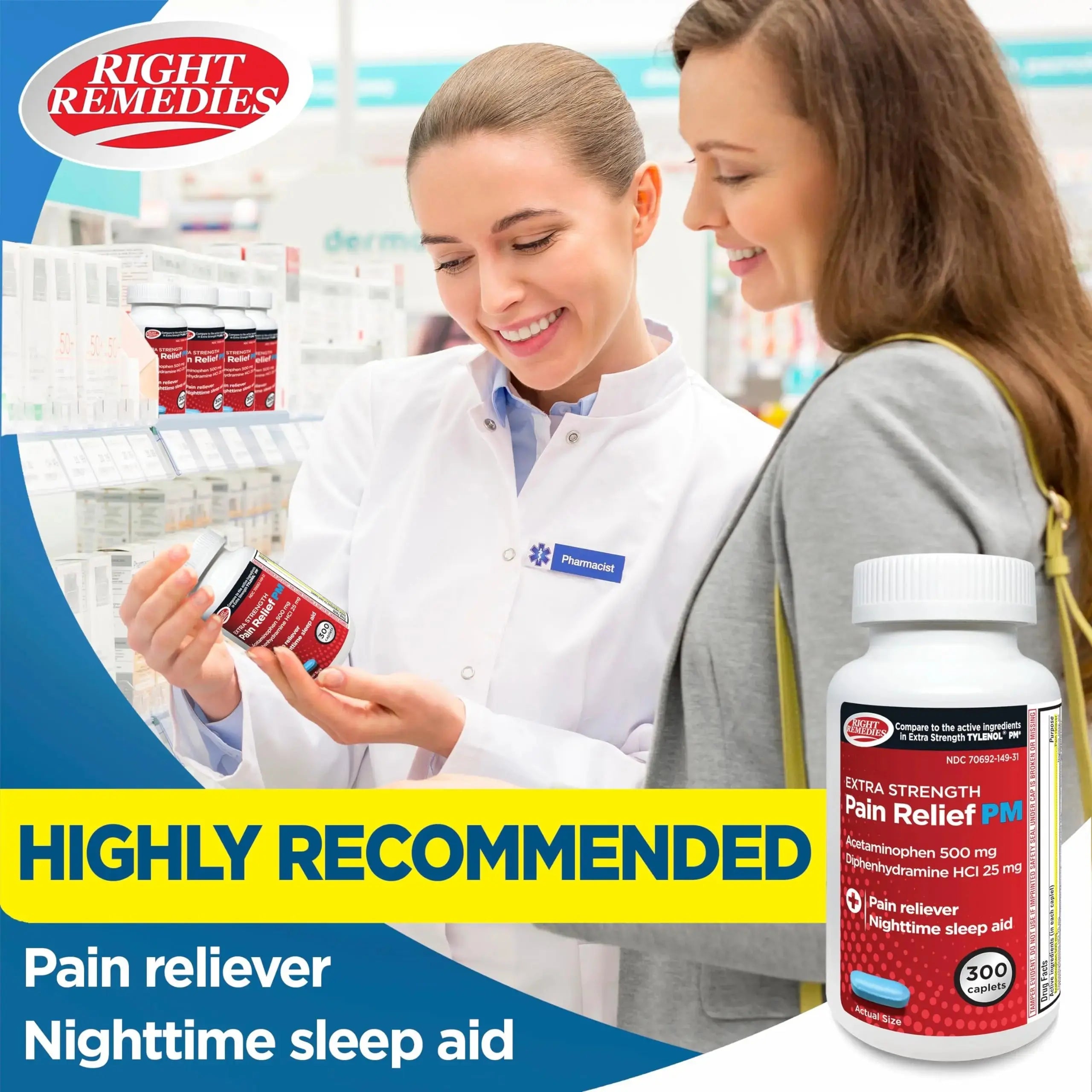 Right Remedies Extra Strength Pain Relief PM & Nighttime Sleep Aid Caplets,(300 count), Acetaminophen 500 mg & Diphenhydramine HCl 25 mg, Non-Habit Forming, Compare to Active ingredients of Tylenol PM RIGHT REMEDIESAu supplements