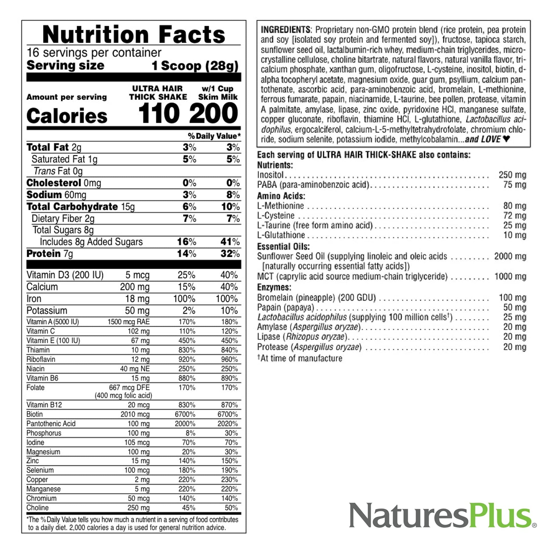 NaturesPlus Ultra Hair Thick Shake - 1 lb - French Vanilla Flavor - Hair Protein Powder for Healthy Growth - With Biotin & Amino Acids - Non-GMO, Gluten-Free - 16 Servings NaturesPlusAu supplements