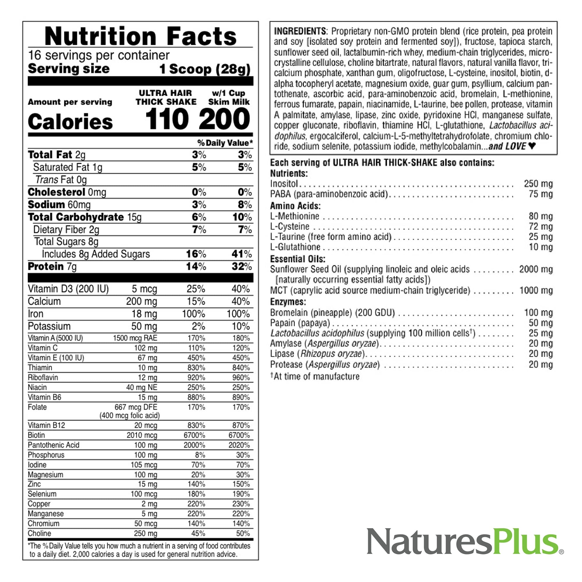 NaturesPlus Ultra Hair Thick Shake - 1 lb - French Vanilla Flavor - Hair Protein Powder for Healthy Growth - With Biotin & Amino Acids - Non-GMO, Gluten-Free - 16 Servings NaturesPlusAu supplements