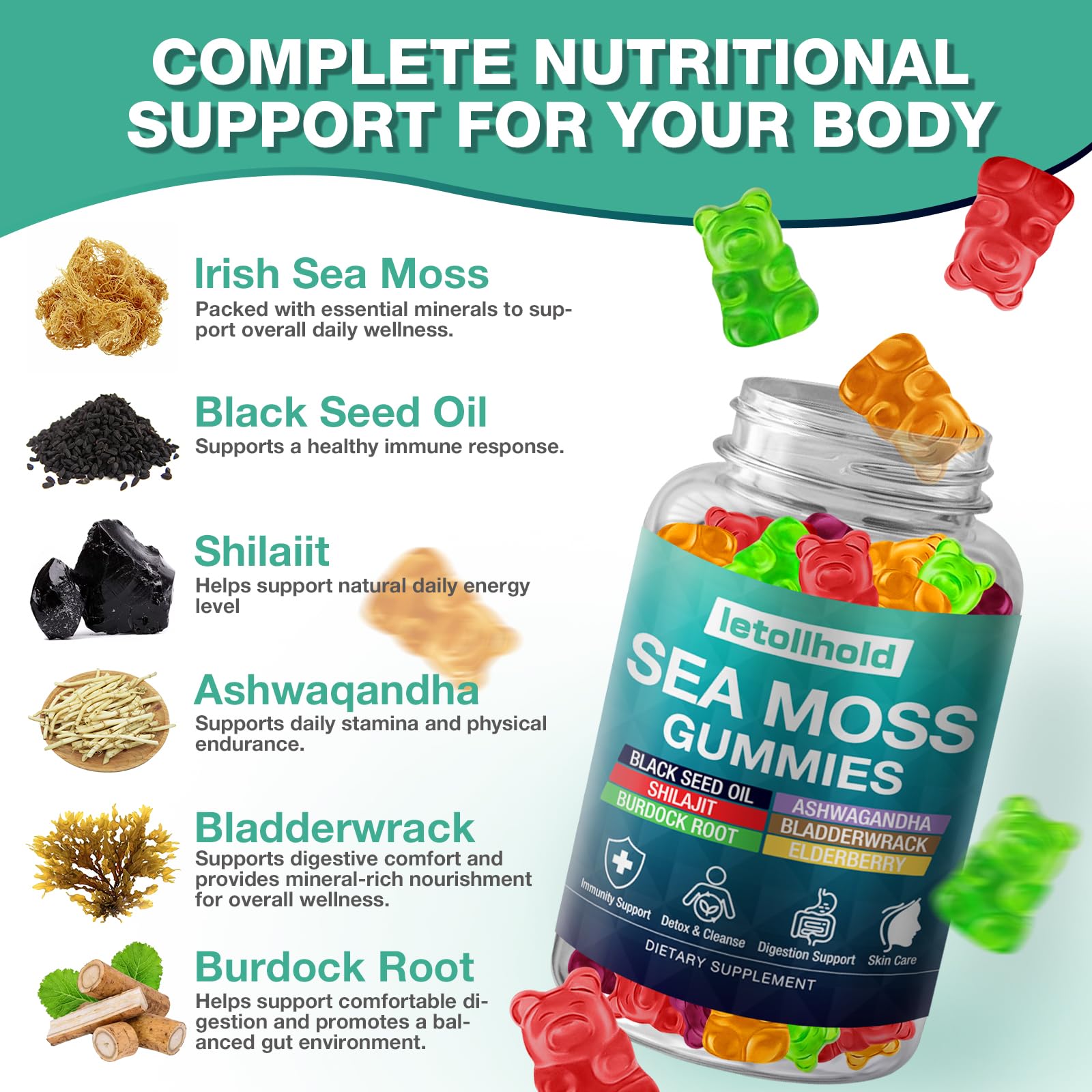 Sea Moss Gummies - Irish Sea Moss Gummies Advanced for Adults with Ashwagandha Bladderwrack & Burdock Root for Supports Immune，Energy - 60 Vegan Gummy,2PCS letollholdAu supplements