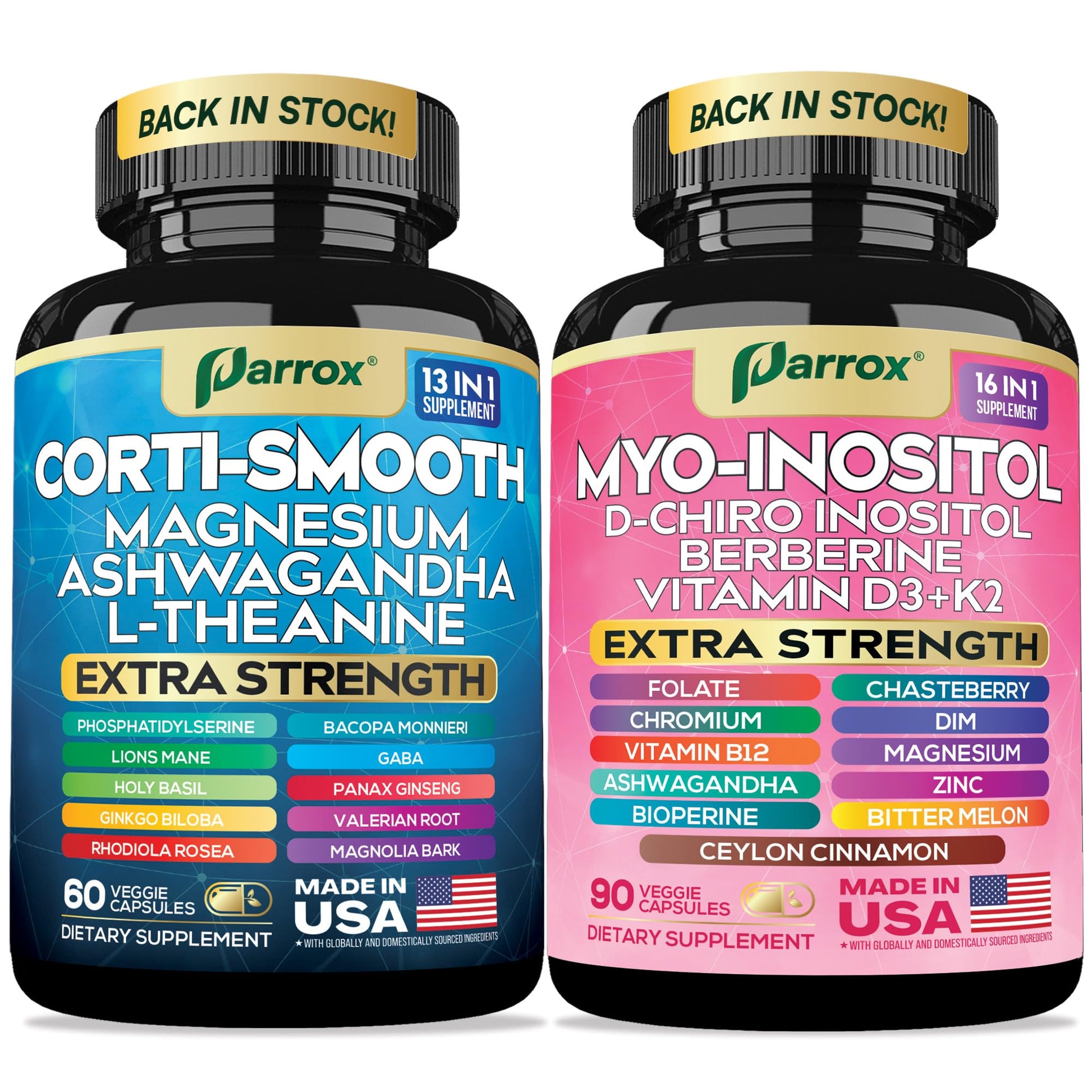 Parrox Cortisol & Myo-Inositol Supplement Bundle, Soothe & Smooth Bundle, 13-in-1 Cortisol Balance, Magnesium, Ashwagandha, L-Theanine, D-Chiro Inositol, Folate, Berberine, Chasteberry (150 Capsules) ParroxAu supplements