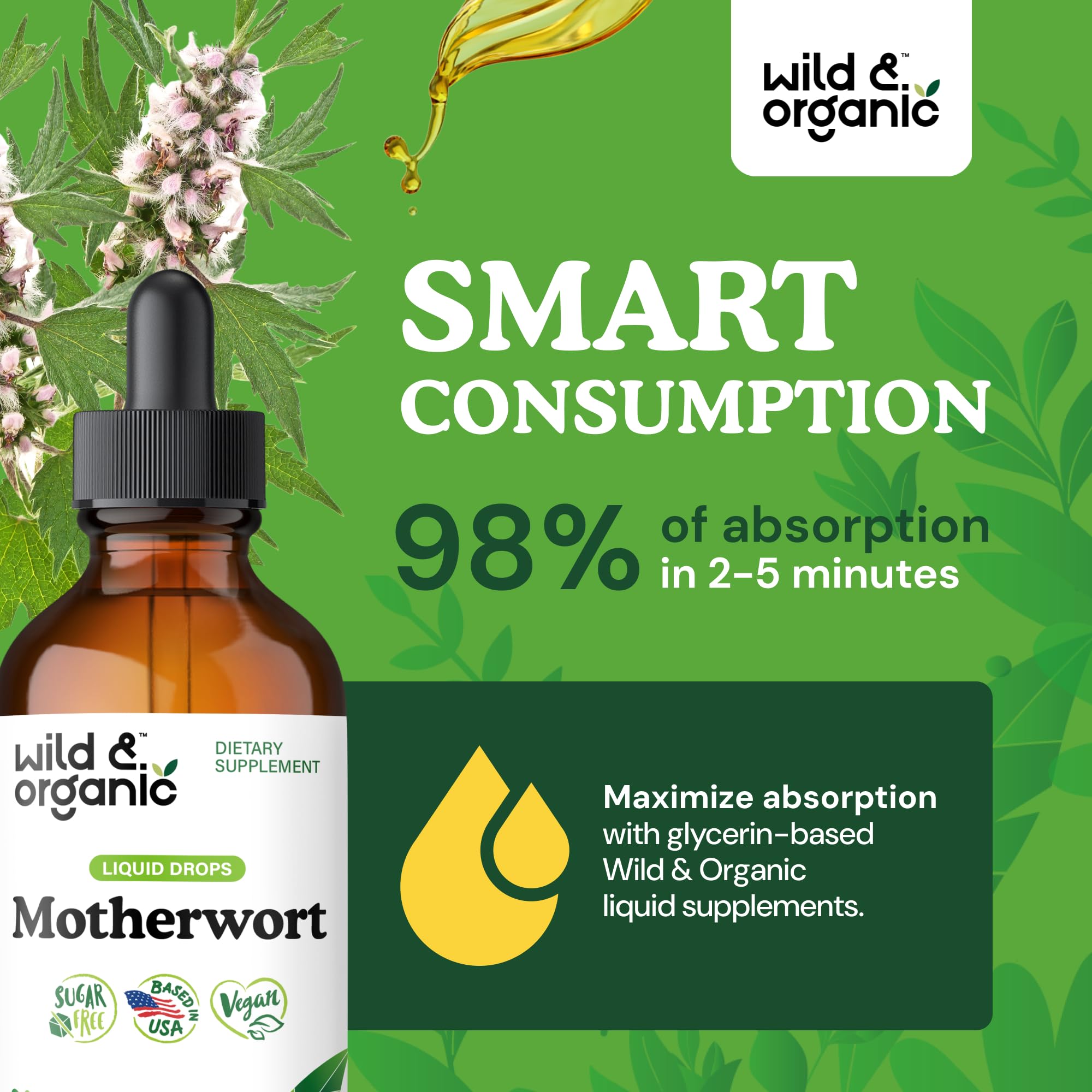 Wild & Organic Motherwort Tincture - Good Mood, Calmness, Overall Support - Supplements for Women with Motherwort Herb - Vegan, Sugar & Alcohol-Free Extract Drops - 4 fl oz Wild & OrganicAu supplements