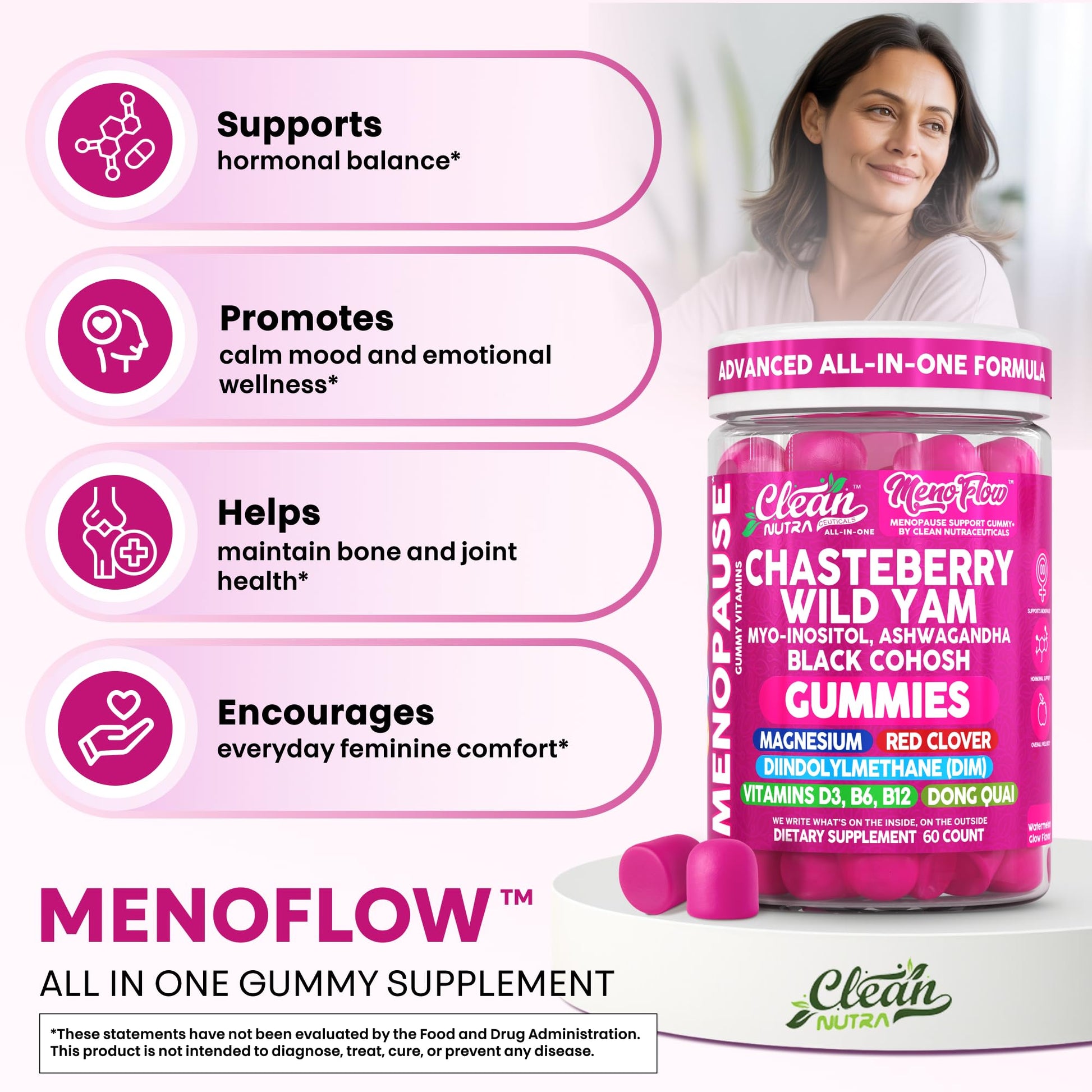 Clean Nutra Menopause Supplements for Women Chastberry Wild Yam Gummies Inositol Black Cohosh Magnesium Red Clover DIM Supplement B6 Magnesium Glycinate Glycine Vitex Hormone Balance Gummy Vitamins Clean NutraceuticalsAu supplements