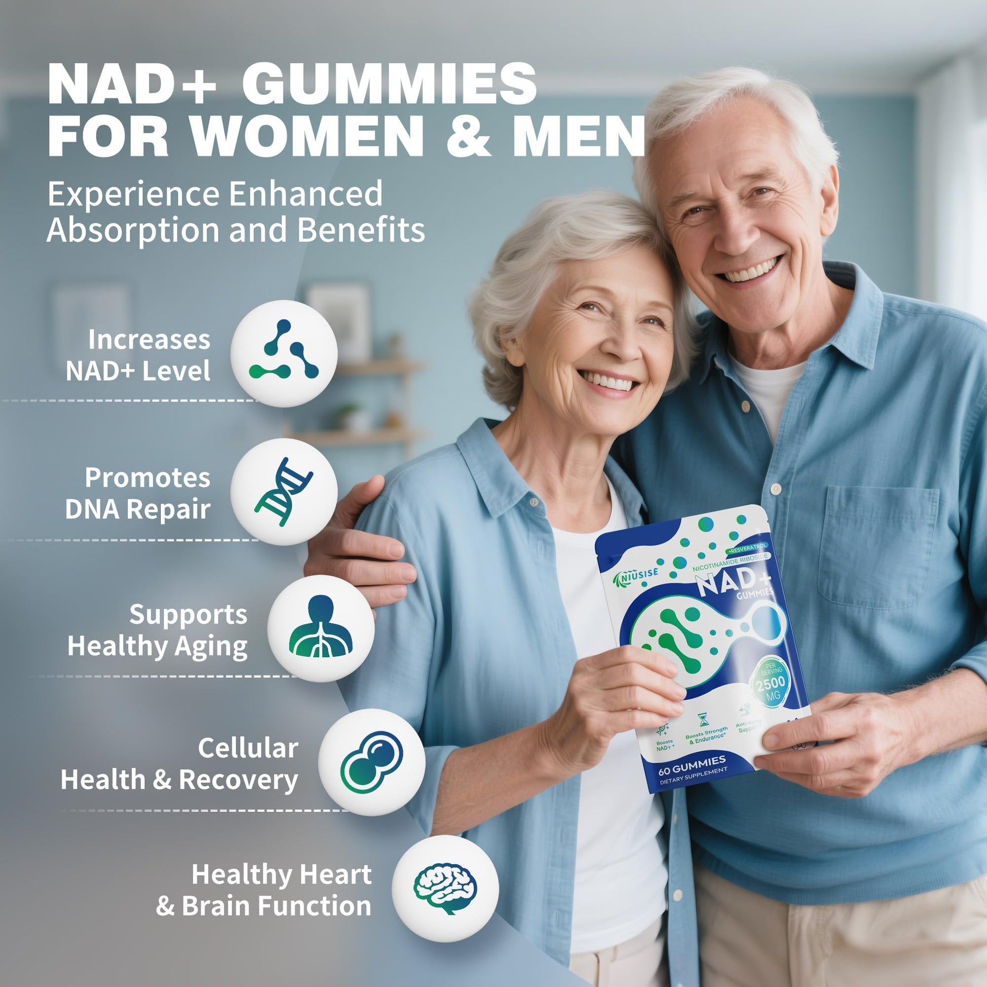 NIUSISE NAD Gummies Sugar Free, NAD+ Supplement with Liposomal Nicotinamide Riboside, Resveratrol, Quercetin, NAD Supplement for Anti-Aging, Energy, Cellular Health, Blueberry Flavor, 60 Gummies NIUSISEAu supplements