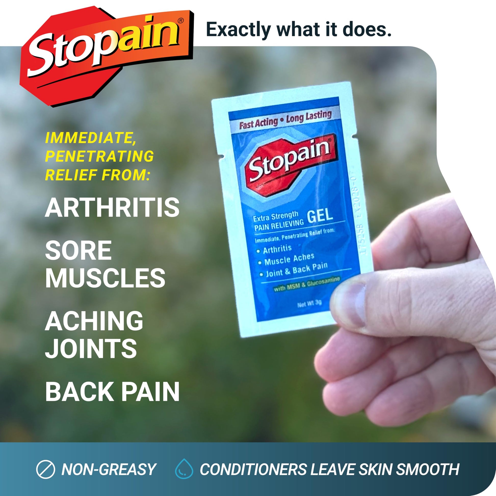 Stopain Pain Relief 3g Gel Packets, 100ct, 8% Menthol, Topical Pain Relief, Knee Pain Relief, Back Pain Relief, and Arthritis Pain Relief, Perfect for Workplace First Aid Cabinets, Made in USA StopainAu supplements