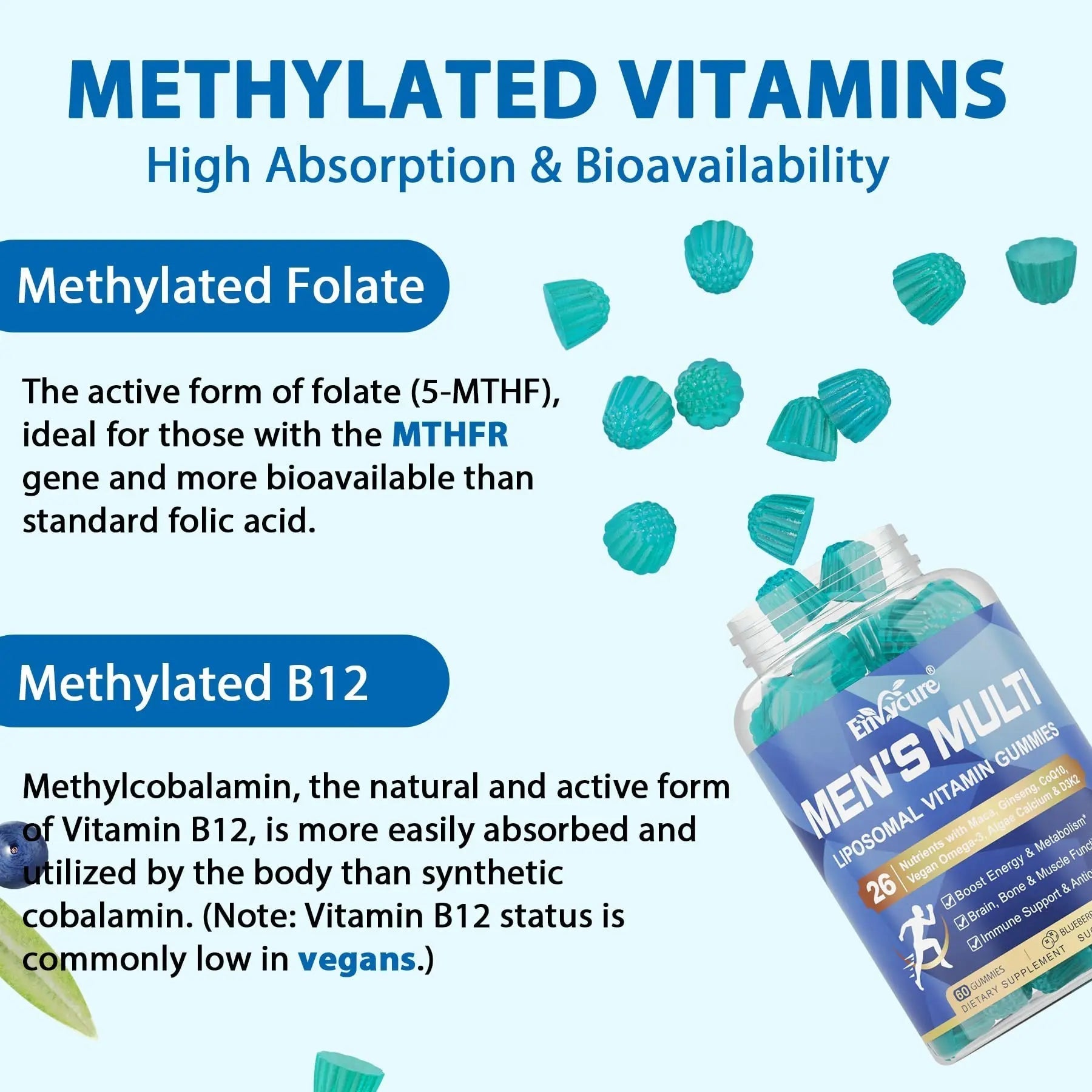 Methylated Multivitamin for Men Gummies, Vegan Omega 3, CoQ10, Zinc, Vitamin A C D3 K2 E B Complex, Calcium, Magnesium, Lycopene EnvyCureAu supplements